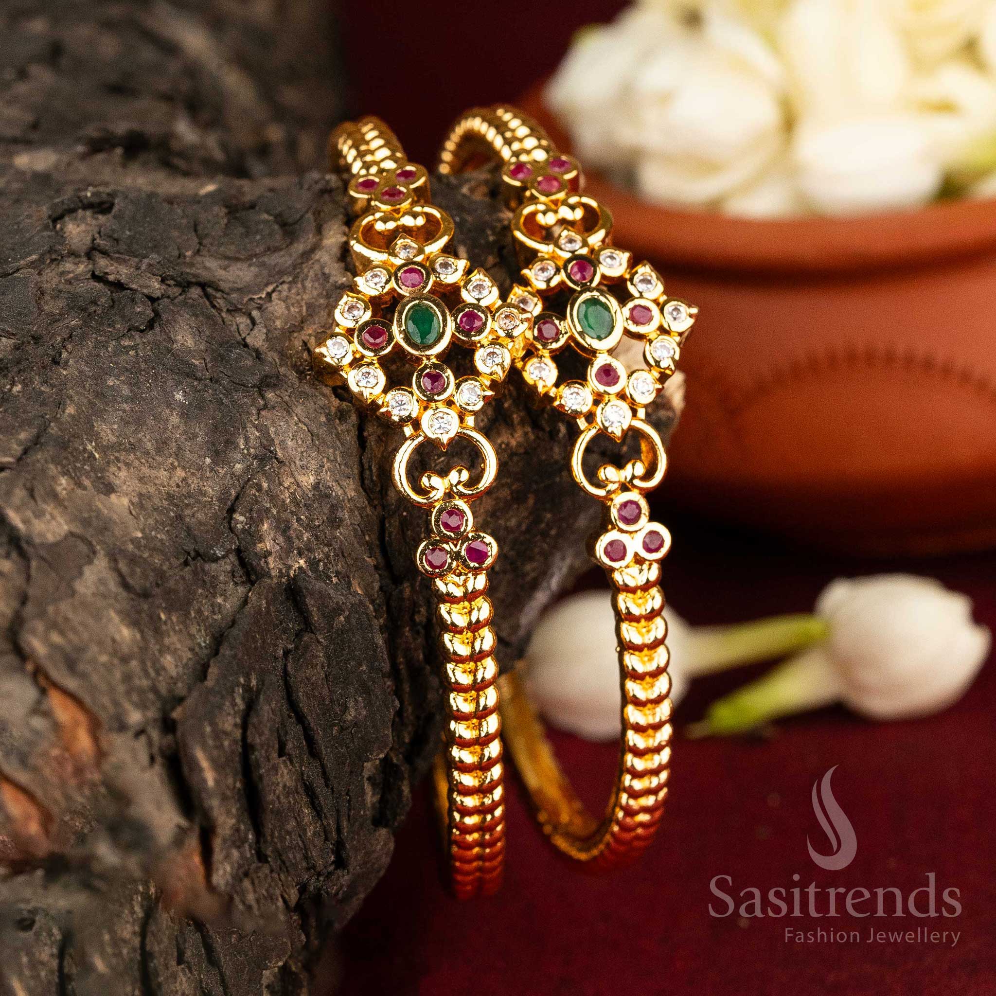 Sasitrends | Luxurious Micro Gold-Plated American Diamond Kada Bangles with Floral Motifs
