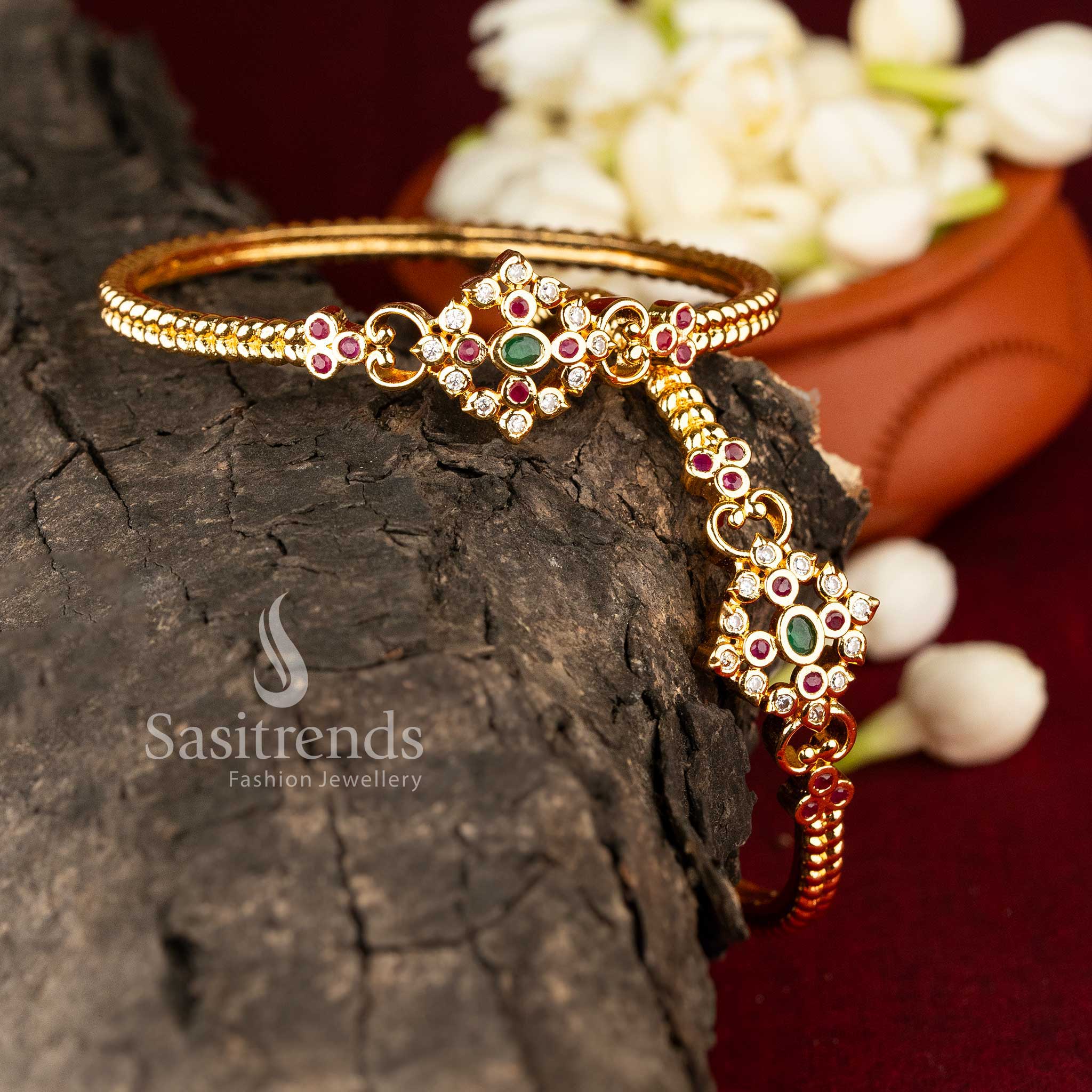 Sasitrends | Luxurious Micro Gold-Plated American Diamond Kada Bangles with Floral Motifs - Image 4