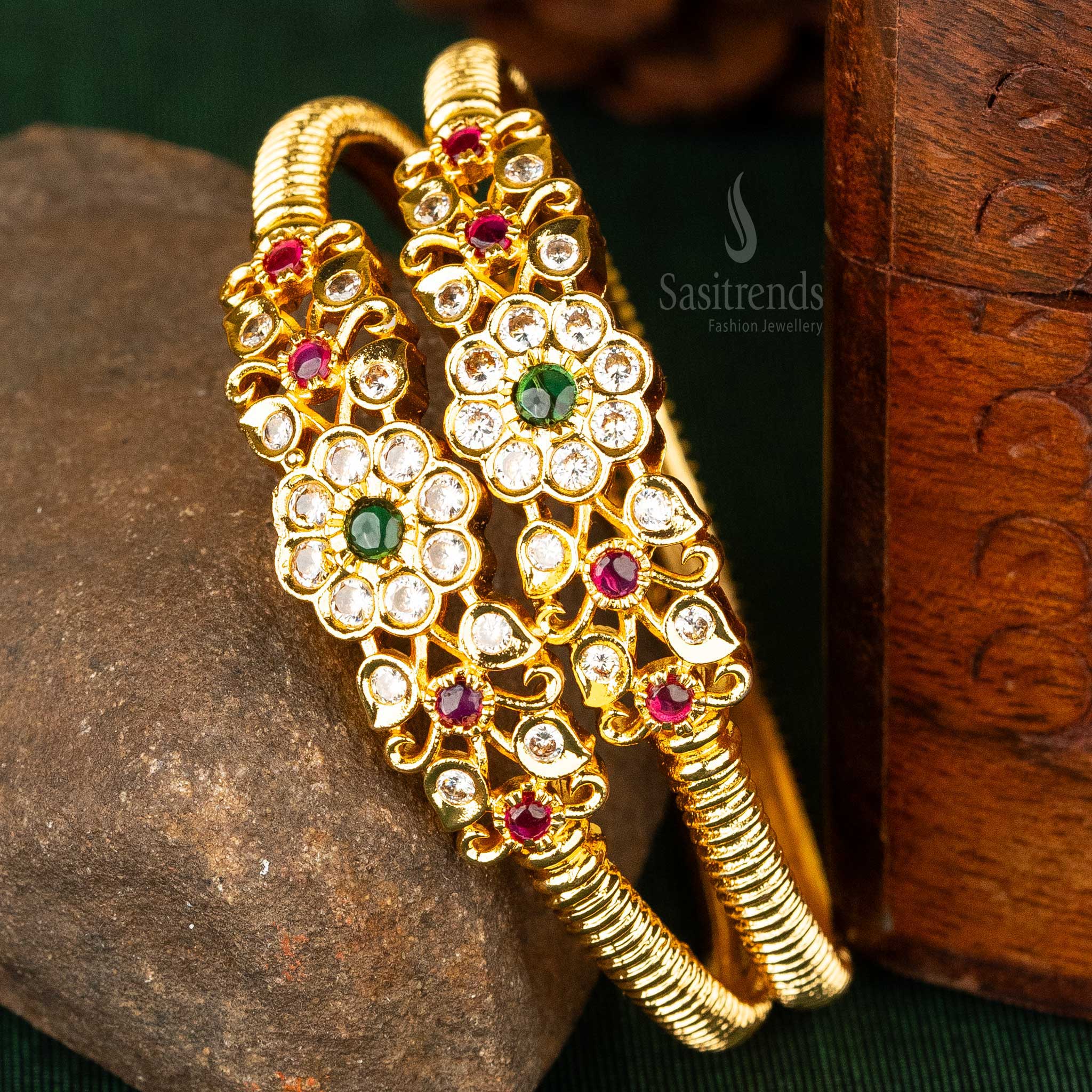 Sasitrends | One gram Micro Gold Plated Traditional Floral American Diamond Bangles
