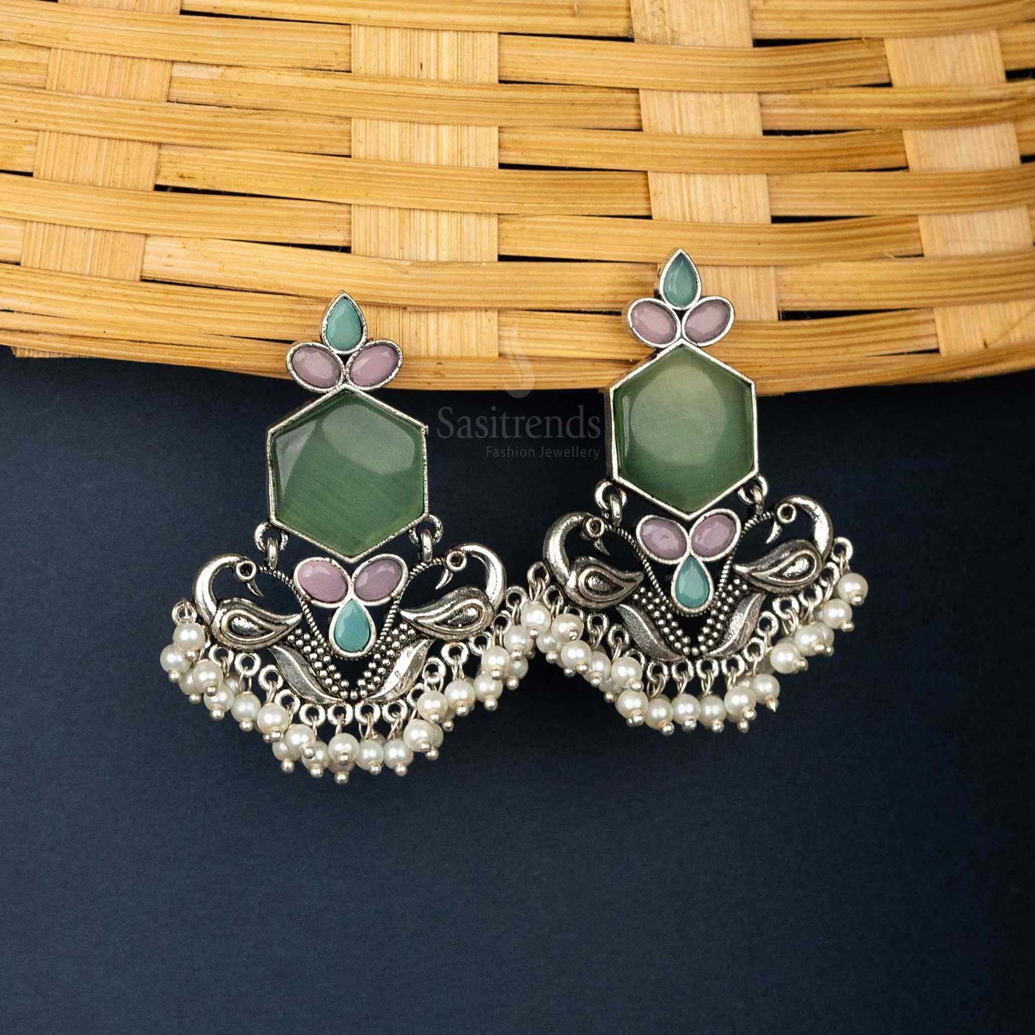 Exquisite Oxidised Earrings with Peacock Motif and Pearls | Sasitrends - Image 10