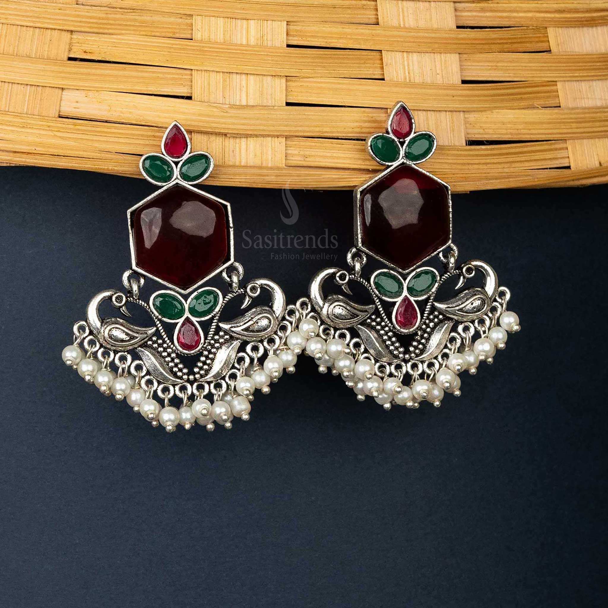 Exquisite Oxidised Earrings with Peacock Motif and Pearls | Sasitrends - Image 4