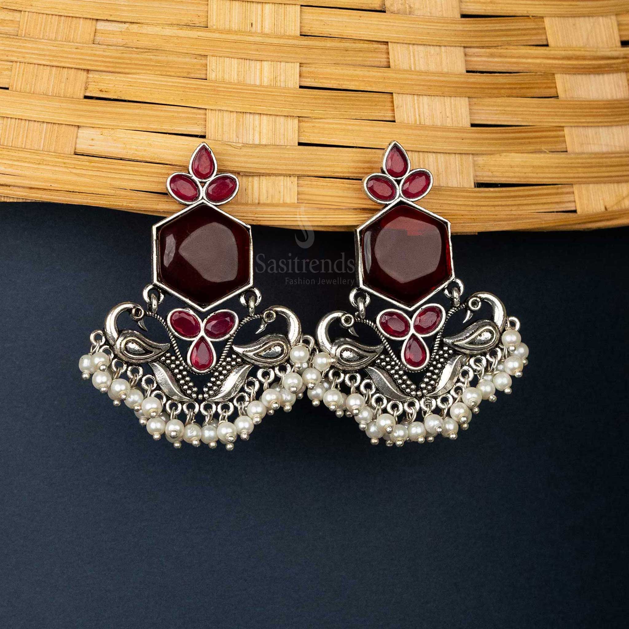 Exquisite Oxidised Earrings with Peacock Motif and Pearls | Sasitrends - Image 6