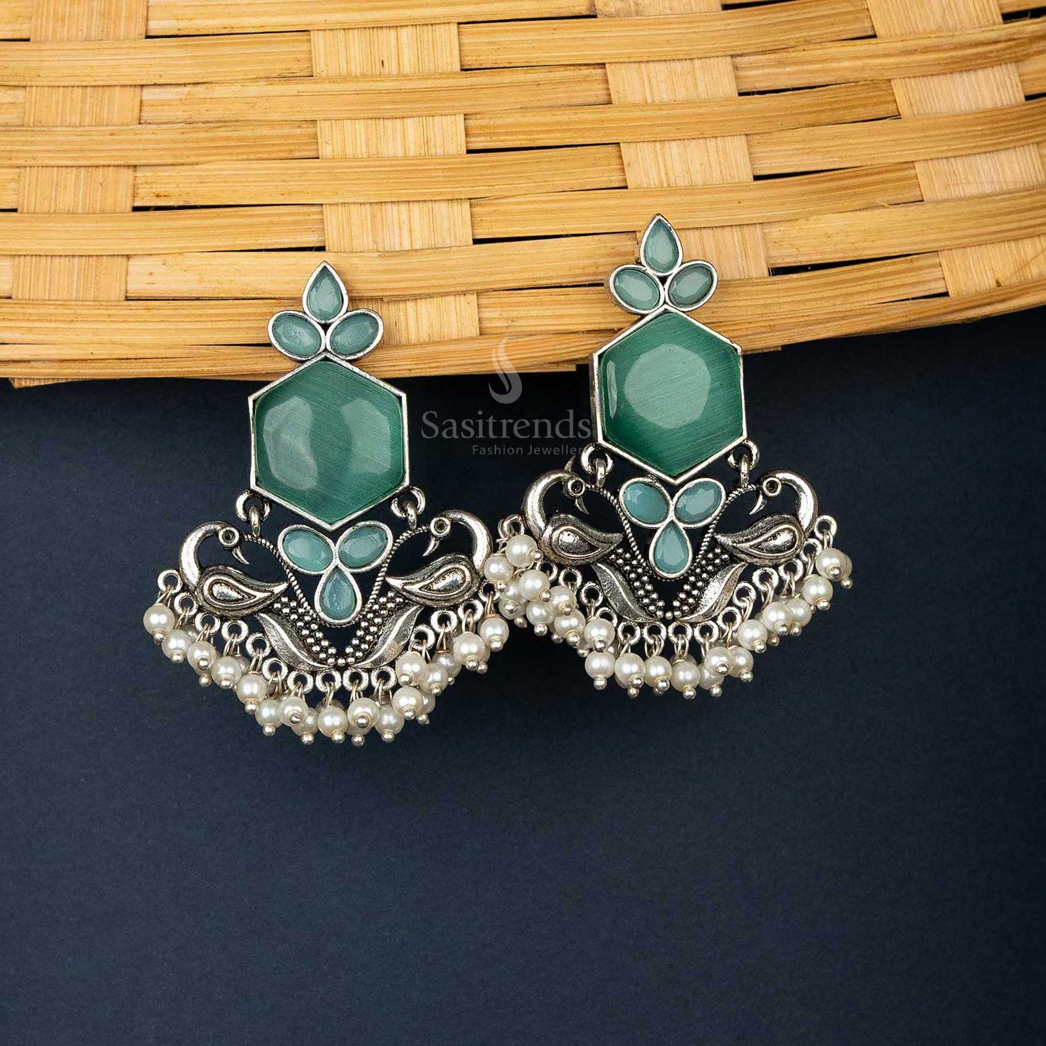 Exquisite Oxidised Earrings with Peacock Motif and Pearls | Sasitrends - Image 8