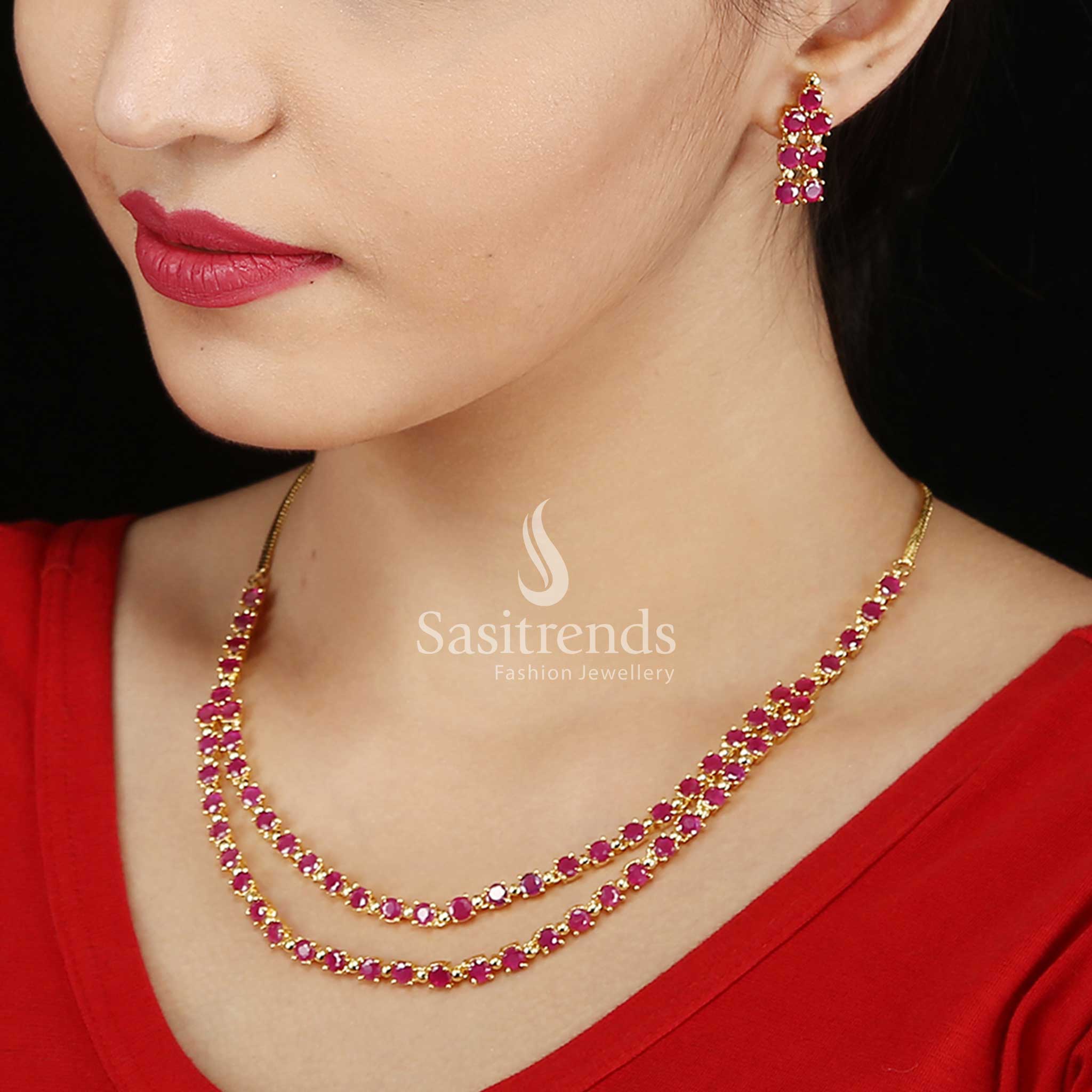 Guaranteed One Gram Micro Gold Plated Two Layer American Diamond Necklace Jewellery Set - Image 10