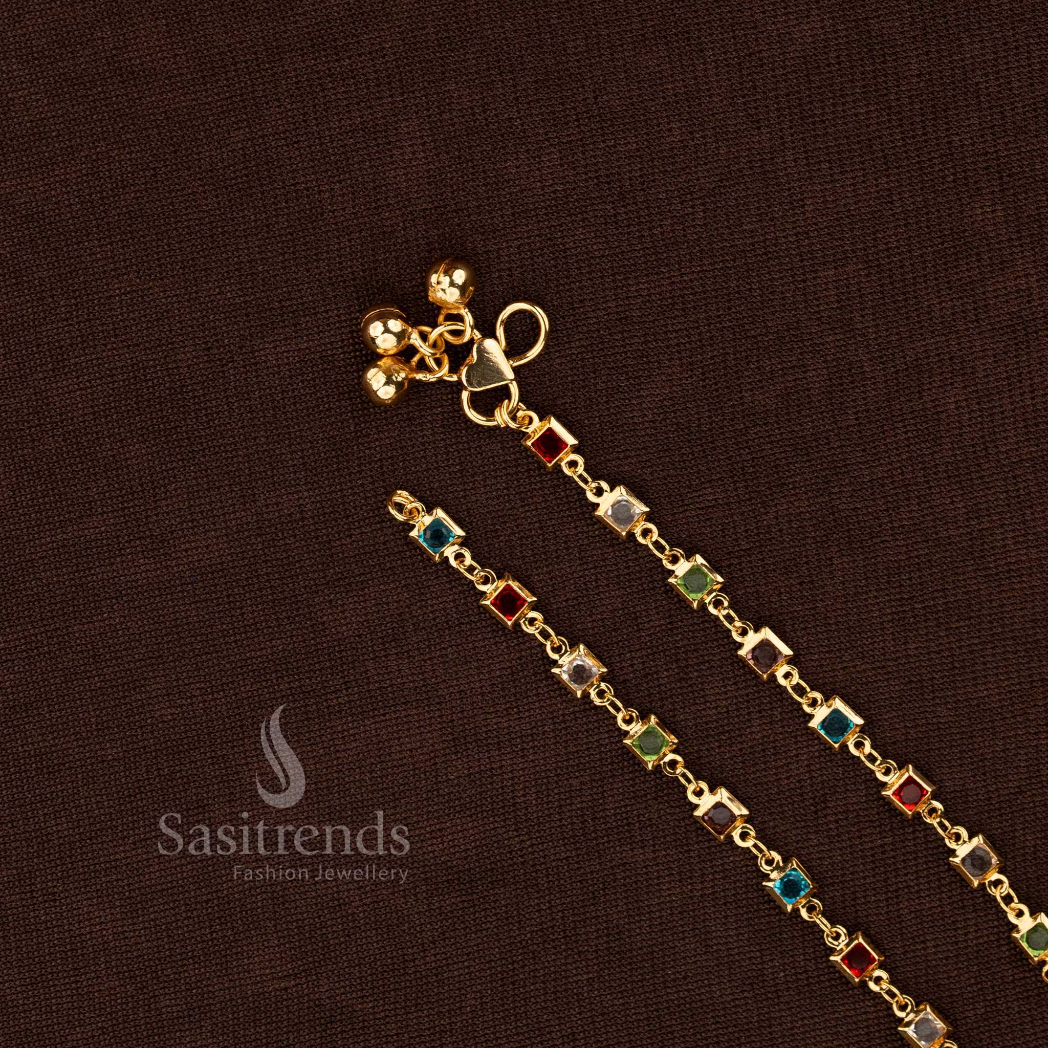 One Gram Micro Gold Plated Navaratna Designer Anklet Pair With Vibrant Multi-Stone Accents - Sasitrends - Image 3