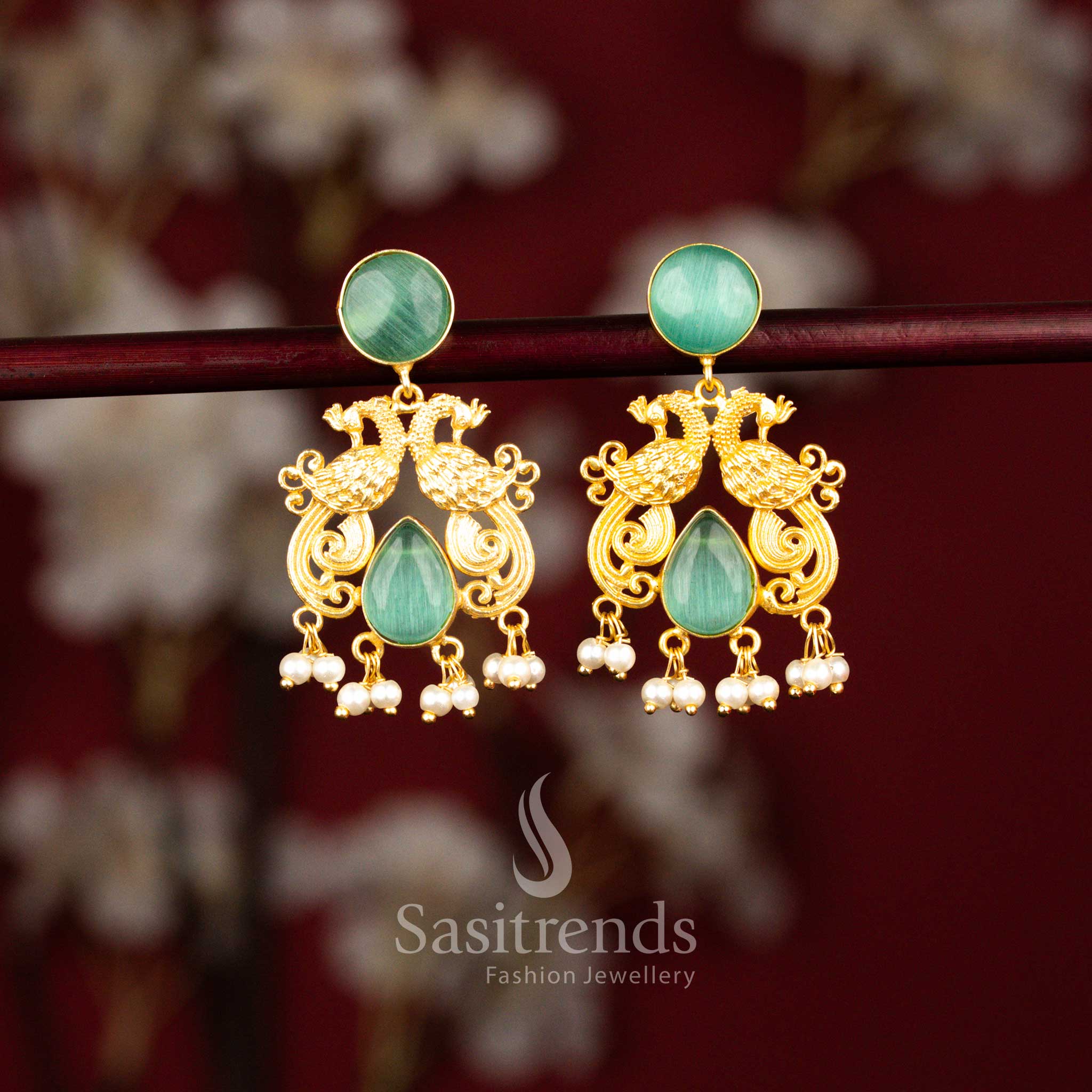 24K Gold Plated Dual Peacock Circular & Teardrop Stone Earrings with Pearls for Traditional Celebrations - Image 10