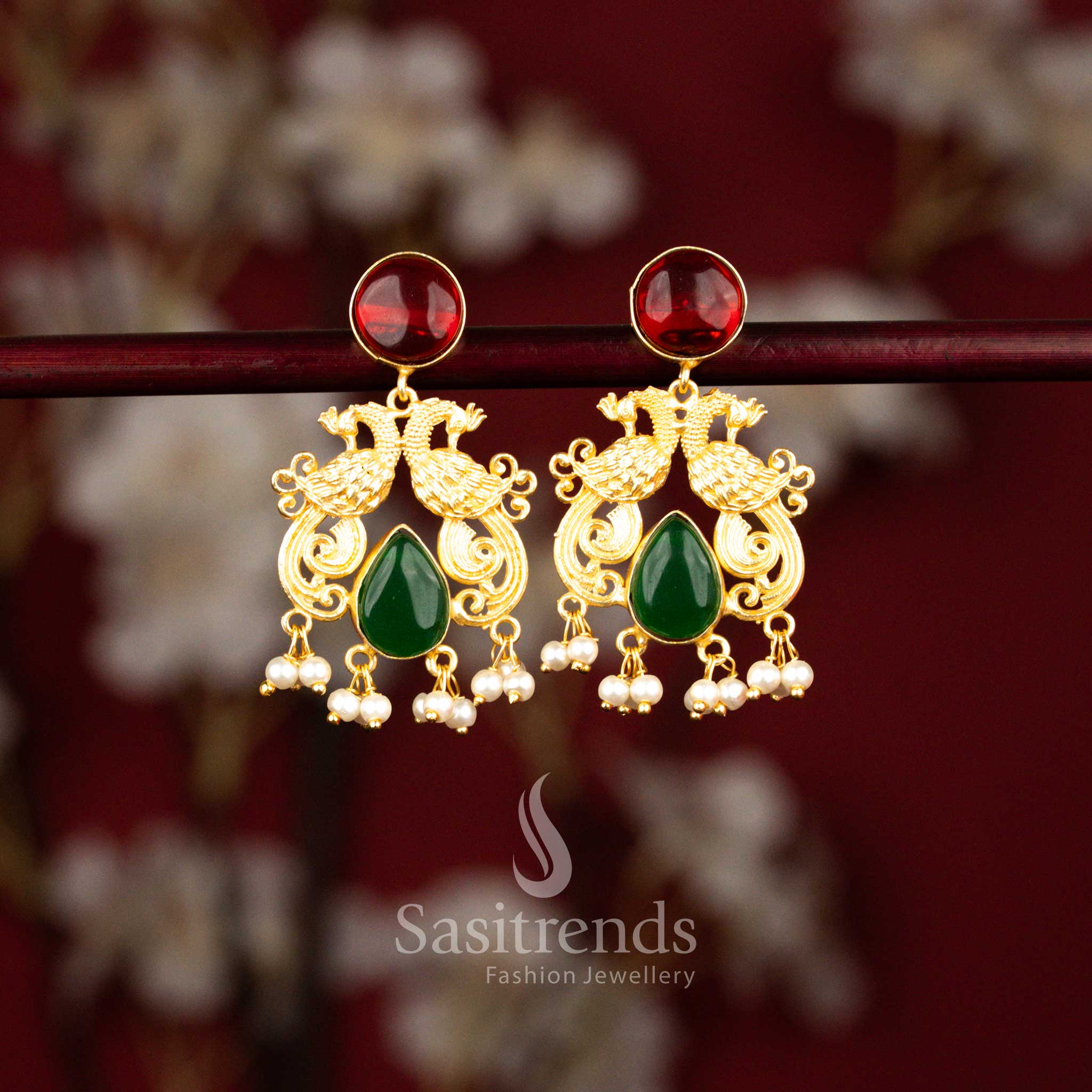 24K Gold Plated Dual Peacock Circular & Teardrop Stone Earrings with Pearls for Traditional Celebrations - Image 11