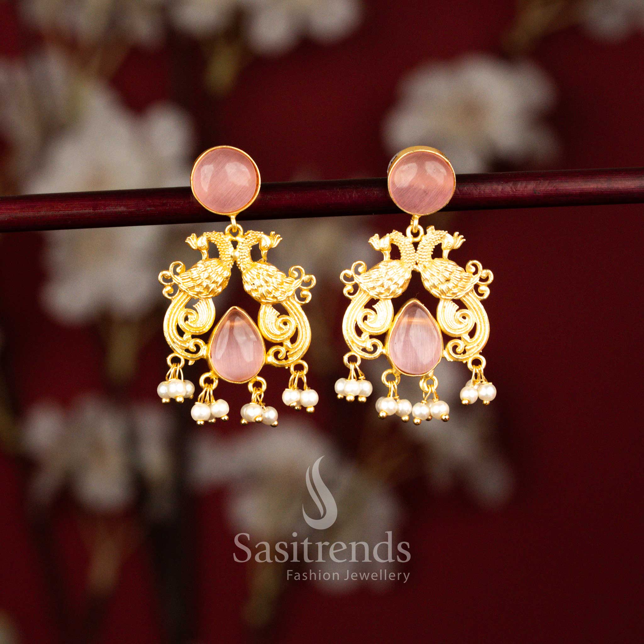24K Gold Plated Dual Peacock Circular & Teardrop Stone Earrings with Pearls for Traditional Celebrations - Image 9