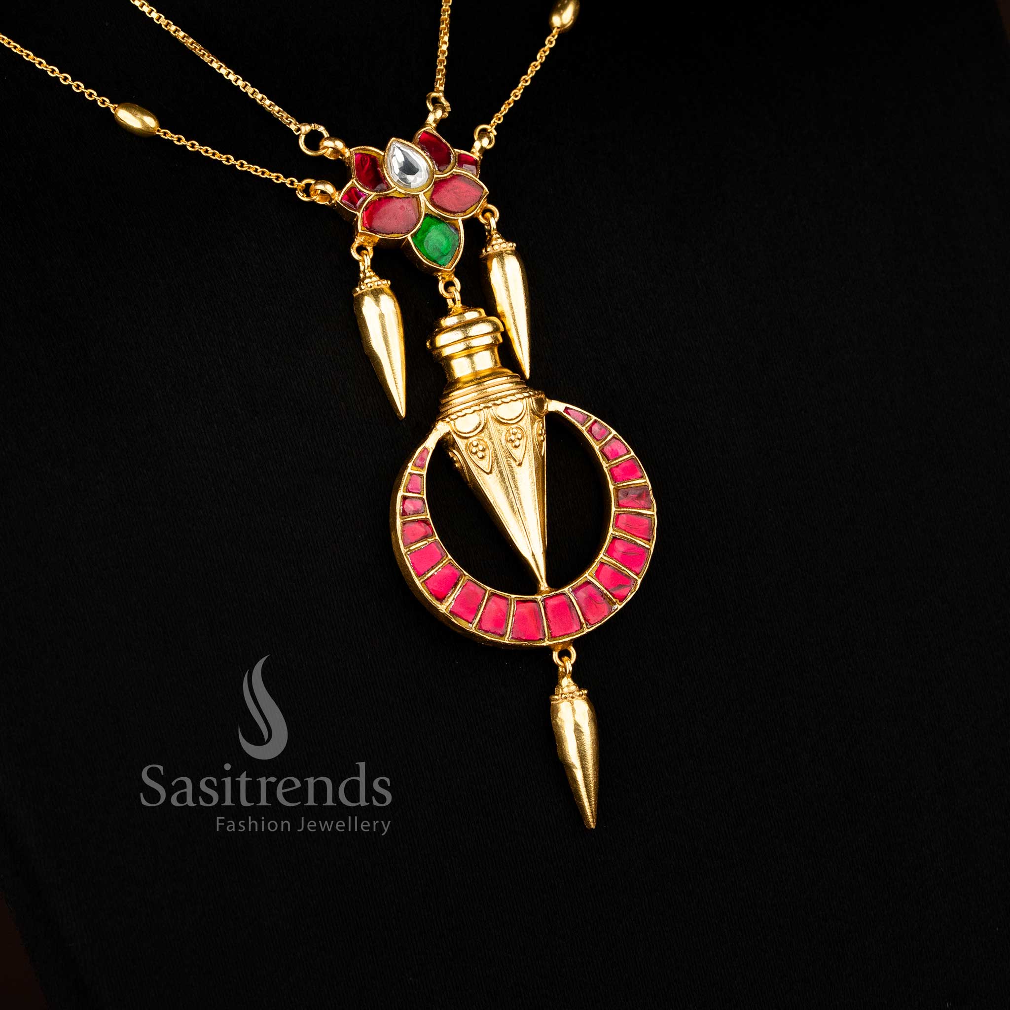 24K Jadau Gold Plated Double-Layer Lotus Motif Temple Necklace with Hanging Jhumki-Style Drops & Matching Earrings - Image 3
