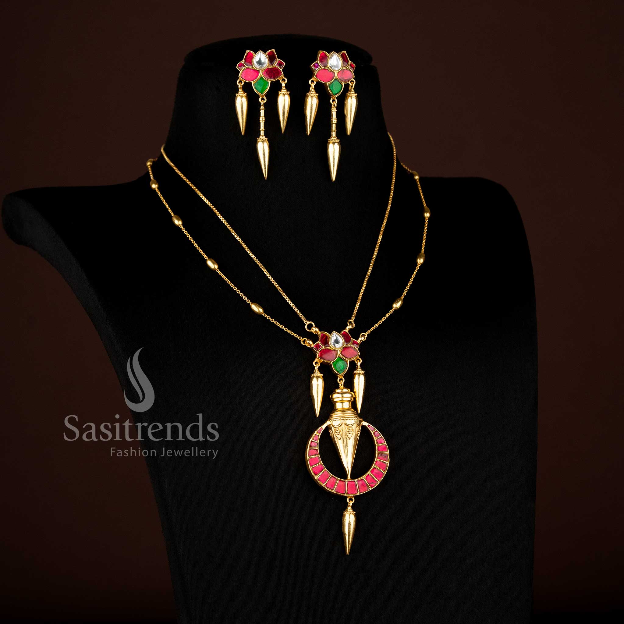 24K Jadau Gold Plated Double-Layer Lotus Motif Temple Necklace with Hanging Jhumki-Style Drops & Matching Earrings - Image 4