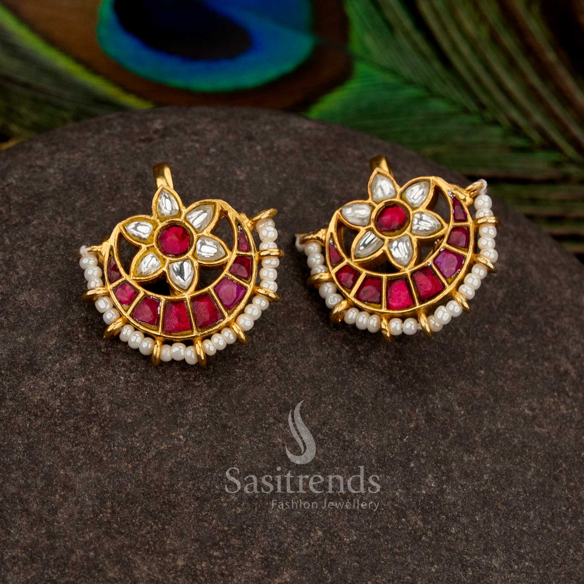 Divine 24K Jadau Gold Plated Floral Crescent Kundan AD Stone & Pearl Bugadi Ear Cuff Earrings for Festive & Temple Styling - Image 5