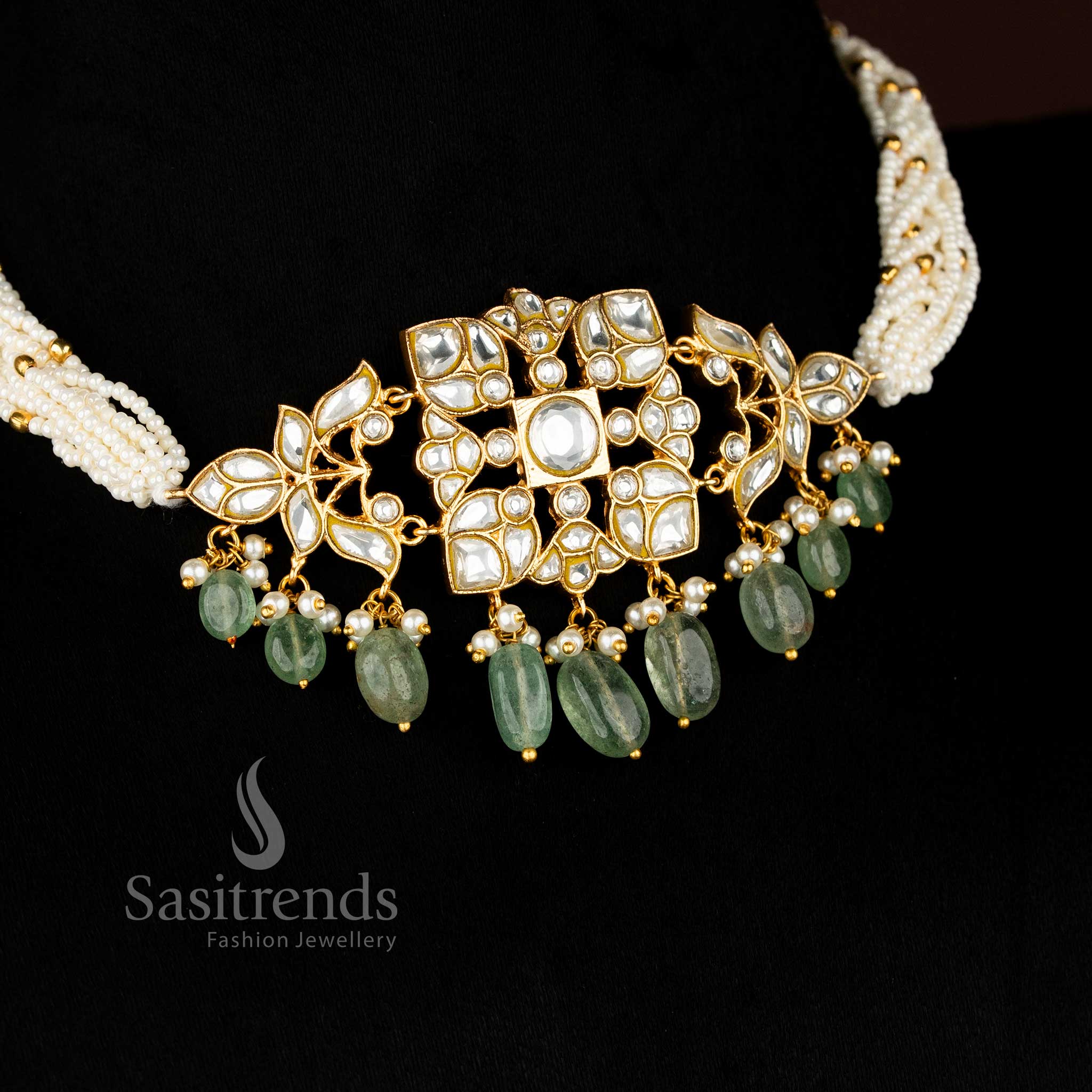Traditional 24K Jadau Gold Plated Pearl Choker Necklace Set with Green Bead Hangings & Floral Pendant - Image 2