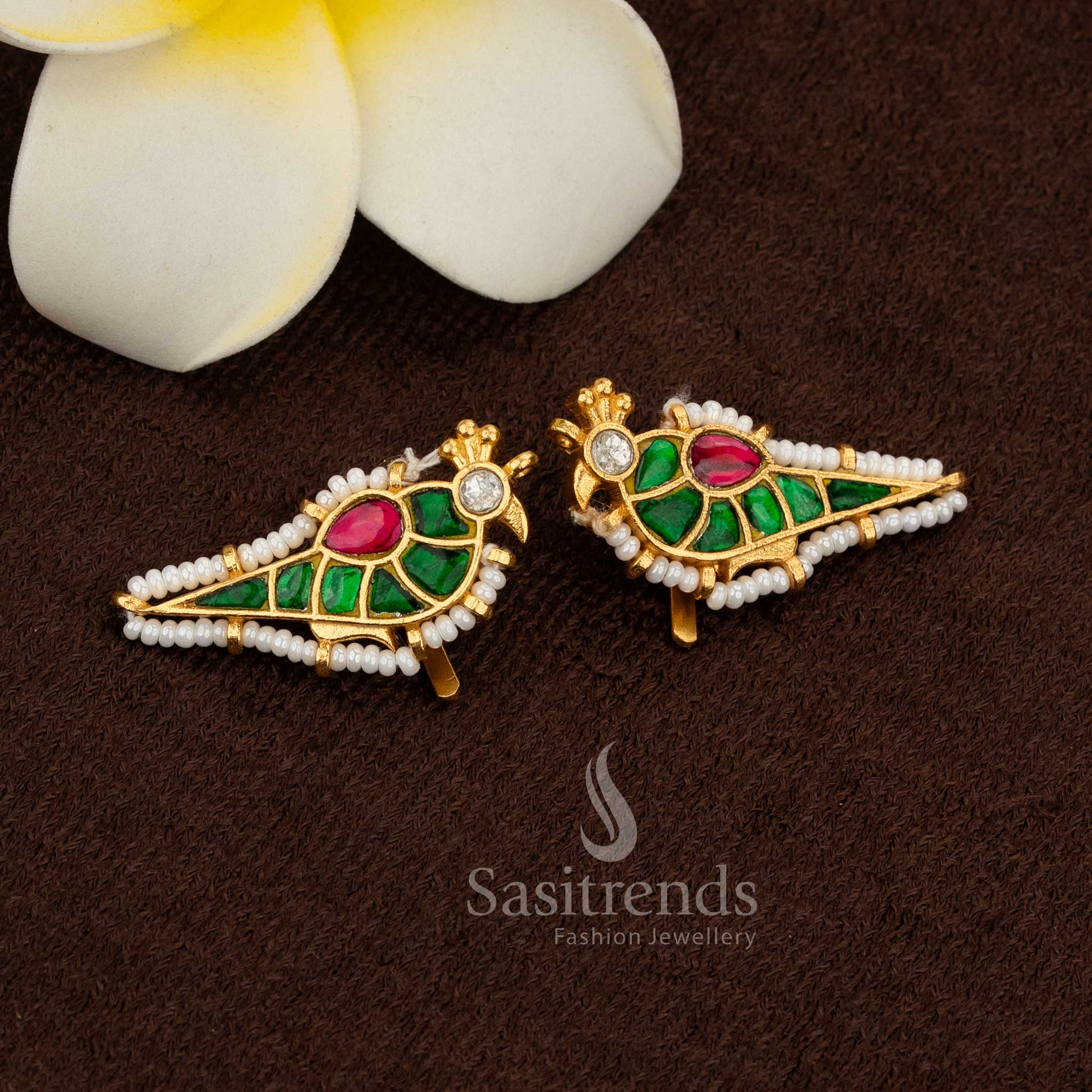 Regal 24K Jadau Gold Plated Parrot Kundan Stone & Pearl Bugadi Ear Cuff Earrings for Wedding & Festive Wear - Image 5