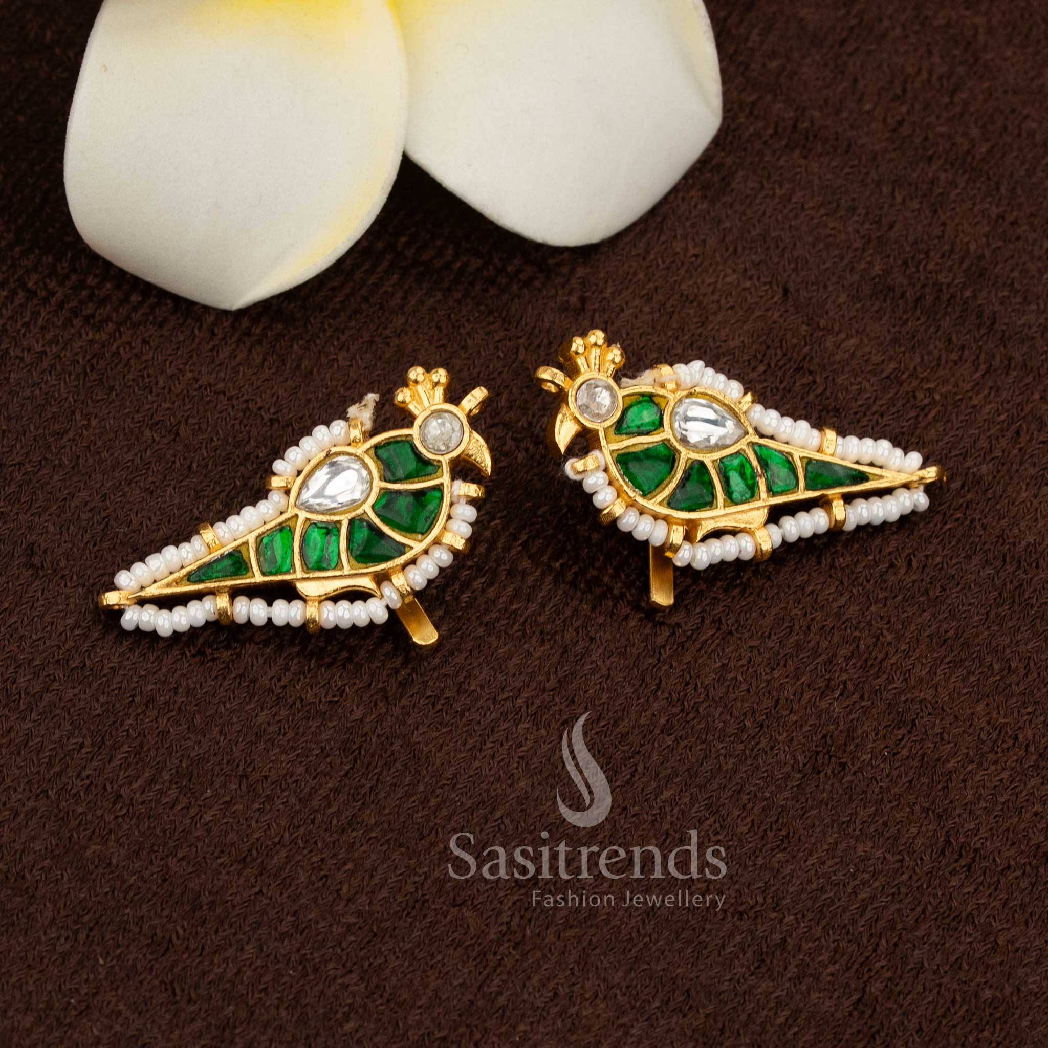 Regal 24K Jadau Gold Plated Parrot Kundan Stone & Pearl Bugadi Ear Cuff Earrings for Wedding & Festive Wear - Image 6