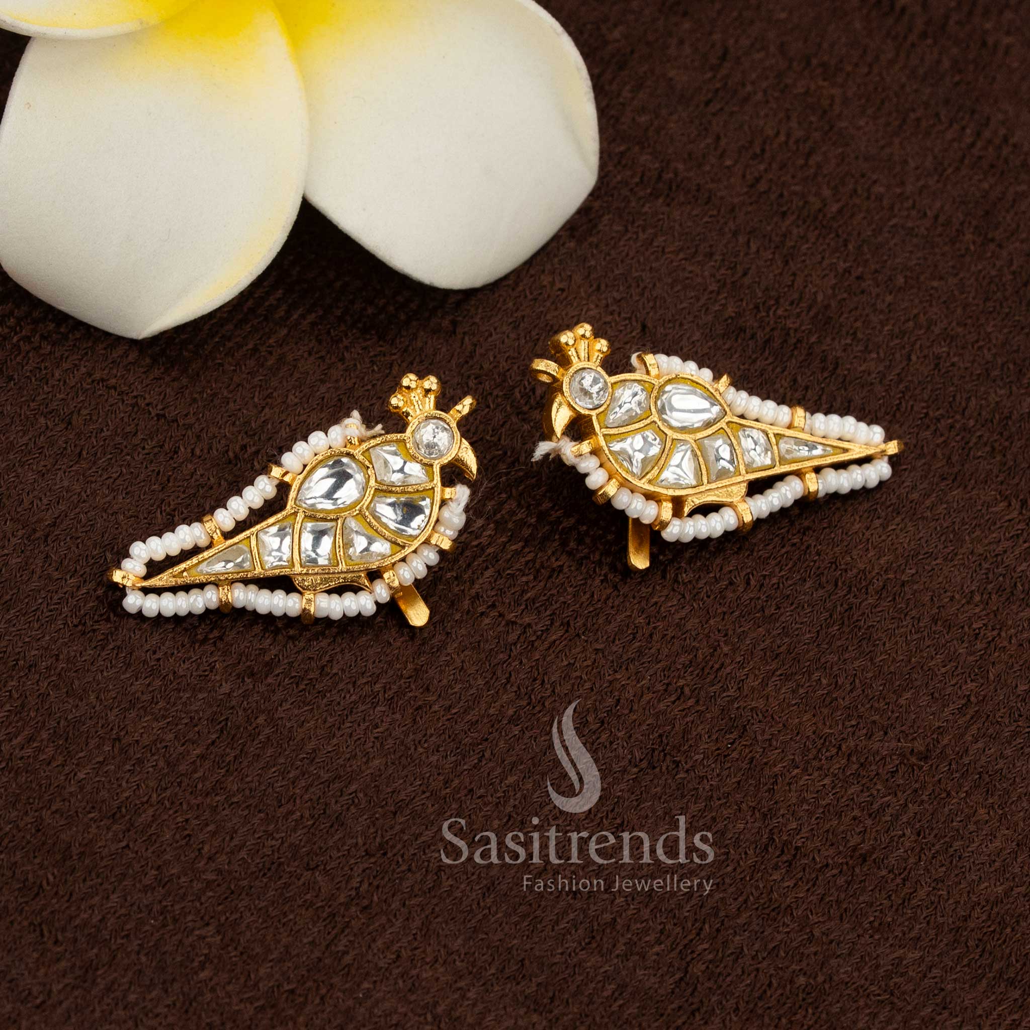Regal 24K Jadau Gold Plated Parrot Kundan Stone & Pearl Bugadi Ear Cuff Earrings for Wedding & Festive Wear - Image 7