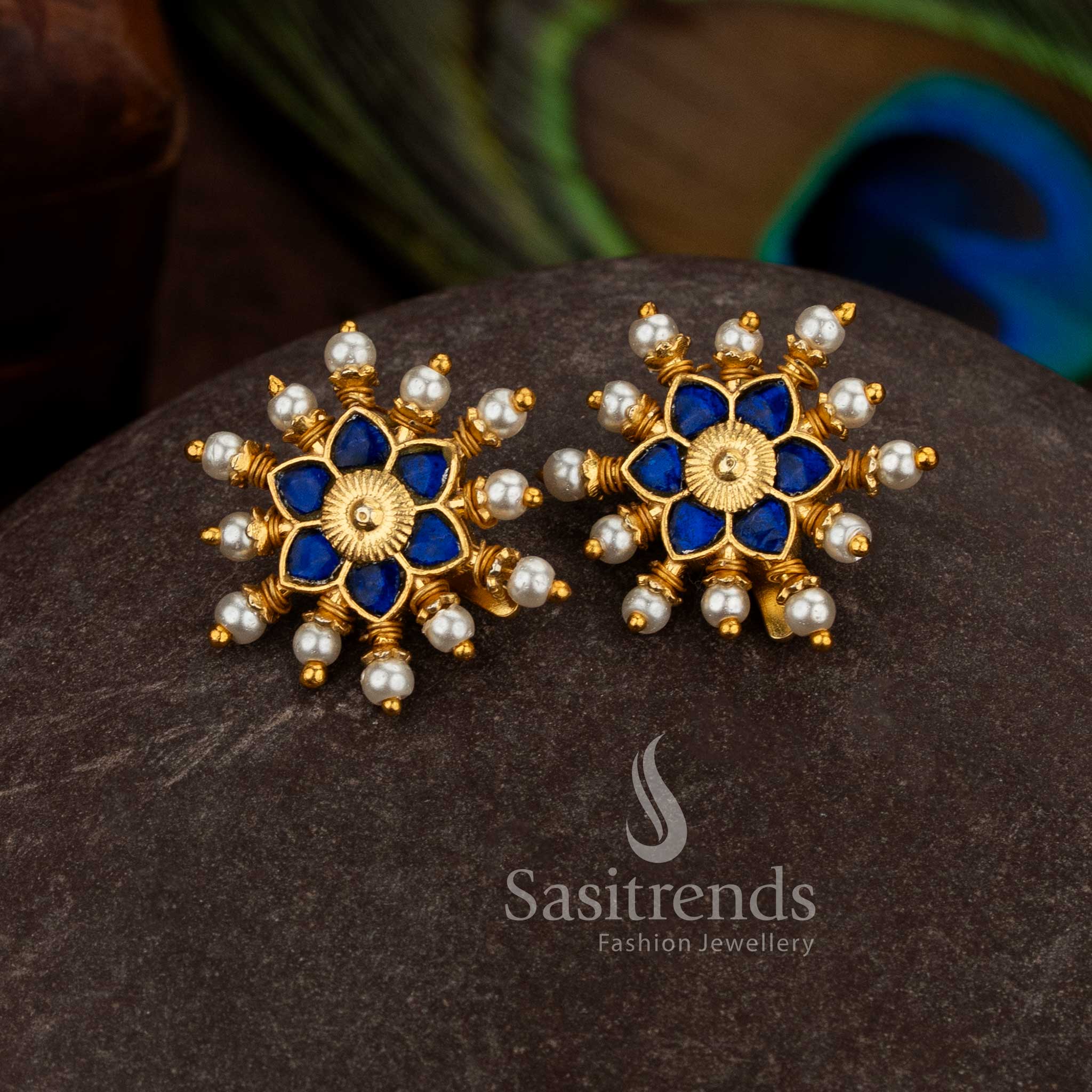 Radiant 24K Jadau Gold Plated Starburst Floral Kundan AD Stone & Pearl Bugadi Ear Cuff Earrings for Festive & Temple Wear - Image 4
