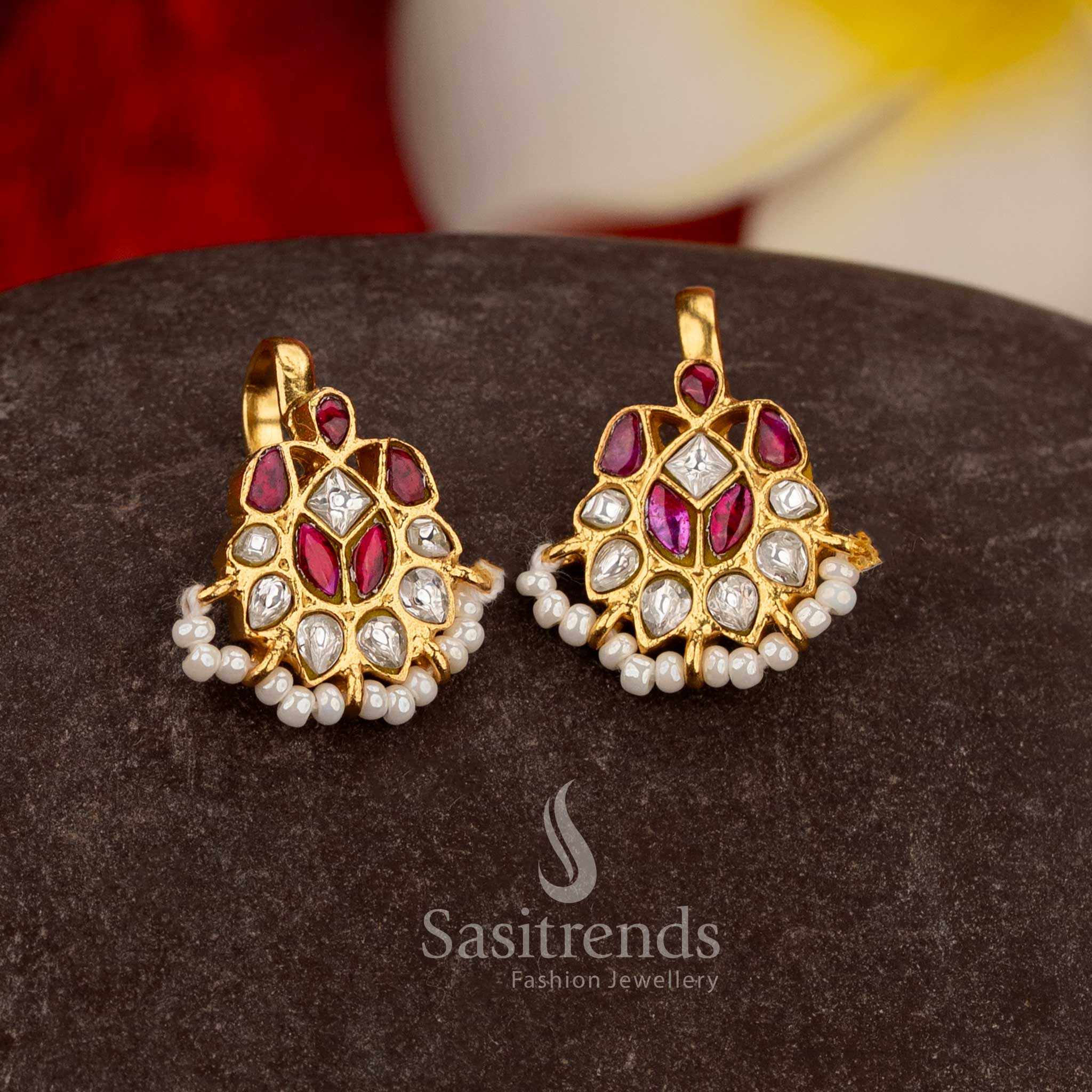 24K Jadau Gold Plated Teardrop Leaf Crescent Kundan Stone and Pearls Bugadi Ear Cuff Earrings for Ethnic Styling - Image 7
