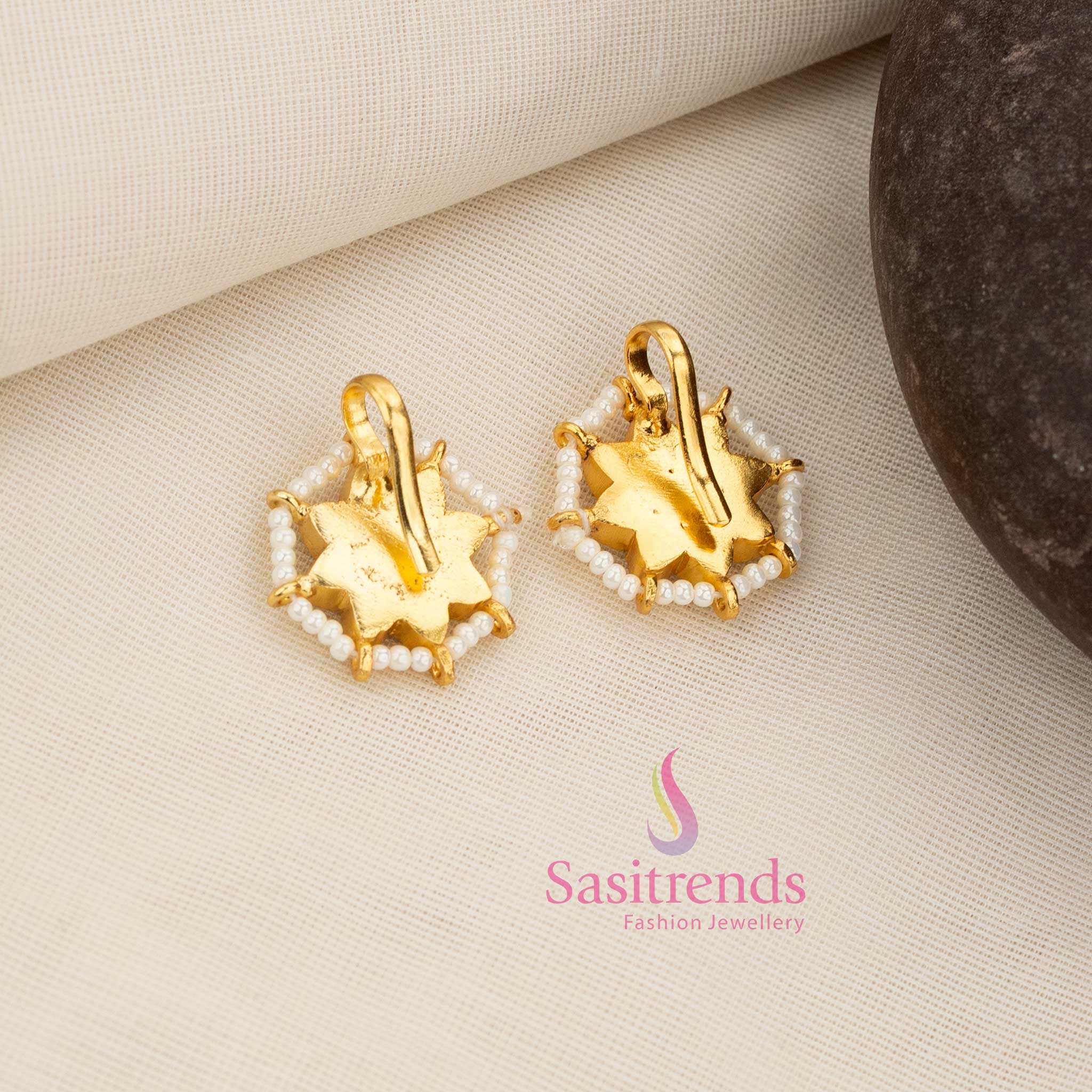24K Jadau Kundan Gold Plated Floral Sunburst Earcuff Bugadi Earrings with Pearl Fringe for Traditional Ceremonial Looks - Image 8