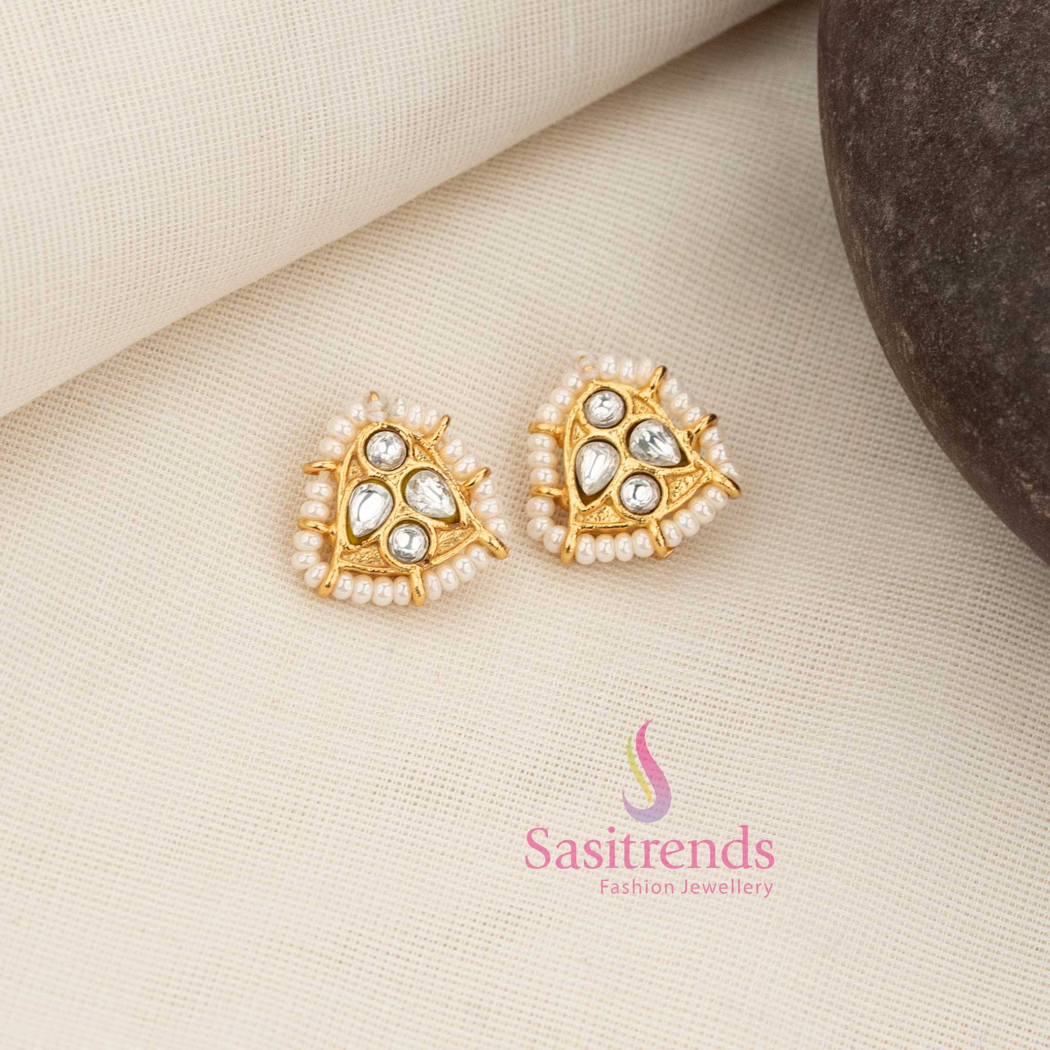 Elegant 24K Jadau Kundan Gold Plated Triangle Stud Earcuff Bugadi Earrings with Pearl Border for Temple-Inspired and Cultural Festive Dressing - Image 5