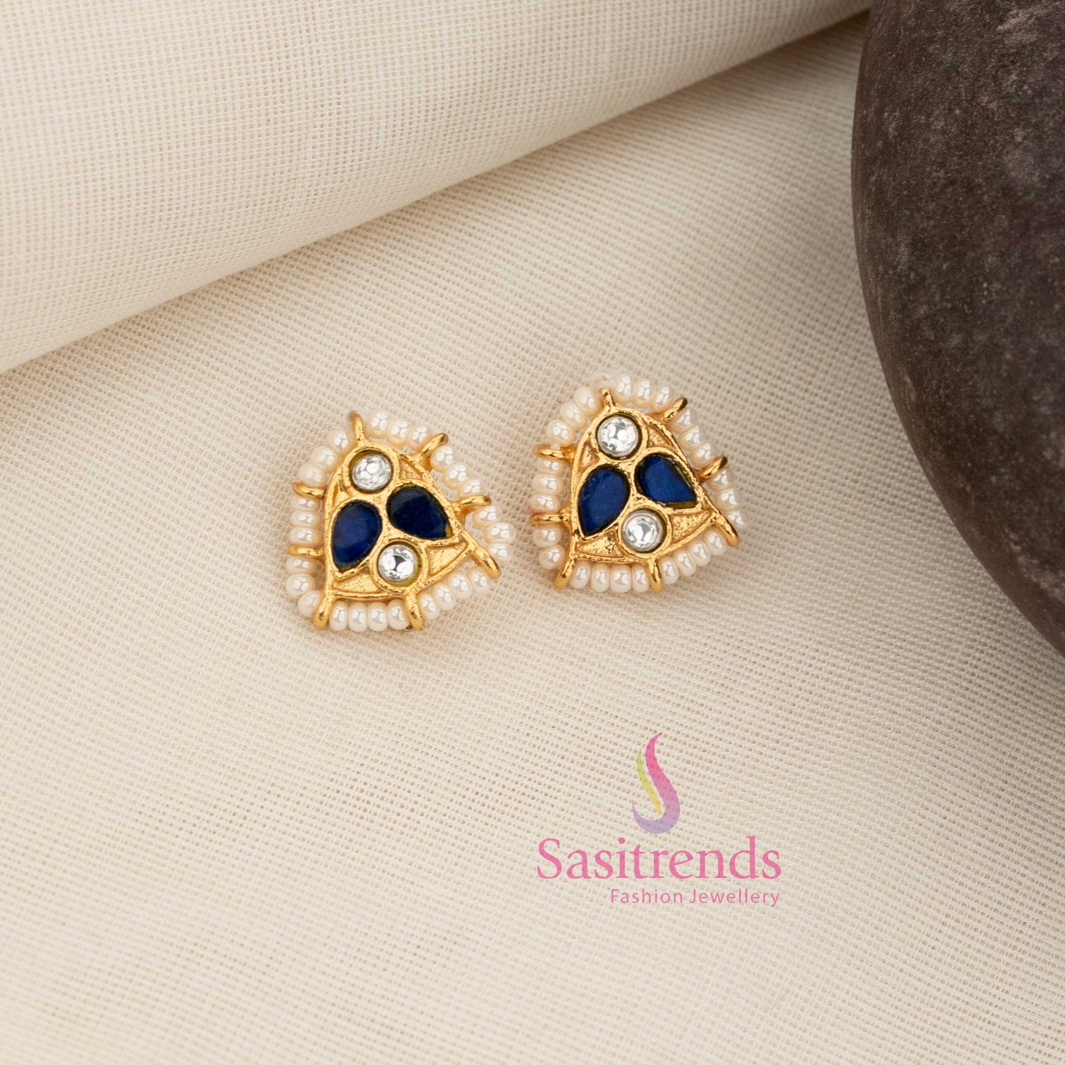 Elegant 24K Jadau Kundan Gold Plated Triangle Stud Earcuff Bugadi Earrings with Pearl Border for Temple-Inspired and Cultural Festive Dressing - Image 6