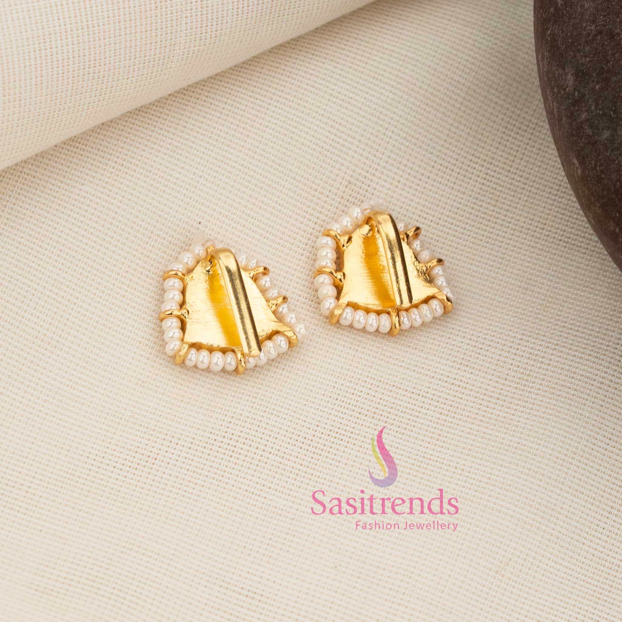Elegant 24K Jadau Kundan Gold Plated Triangle Stud Earcuff Bugadi Earrings with Pearl Border for Temple-Inspired and Cultural Festive Dressing - Image 8