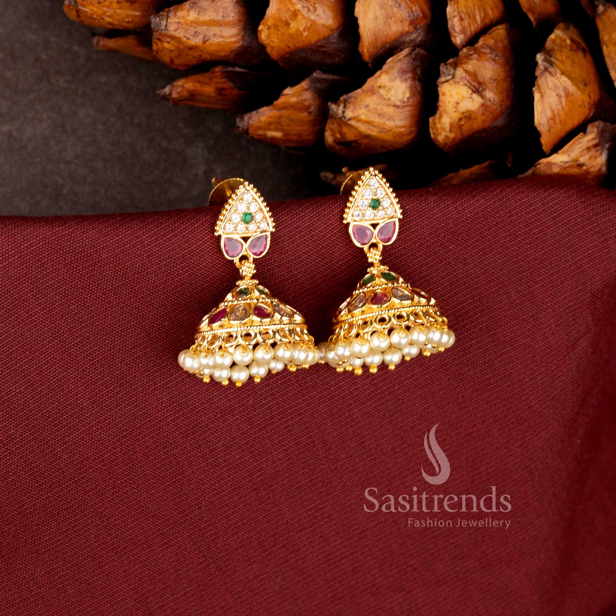 24K Micro Gold Plated Traditional AD Stone Jhumka Earrings with Hanging Pearls – Sasitrends - Image 2