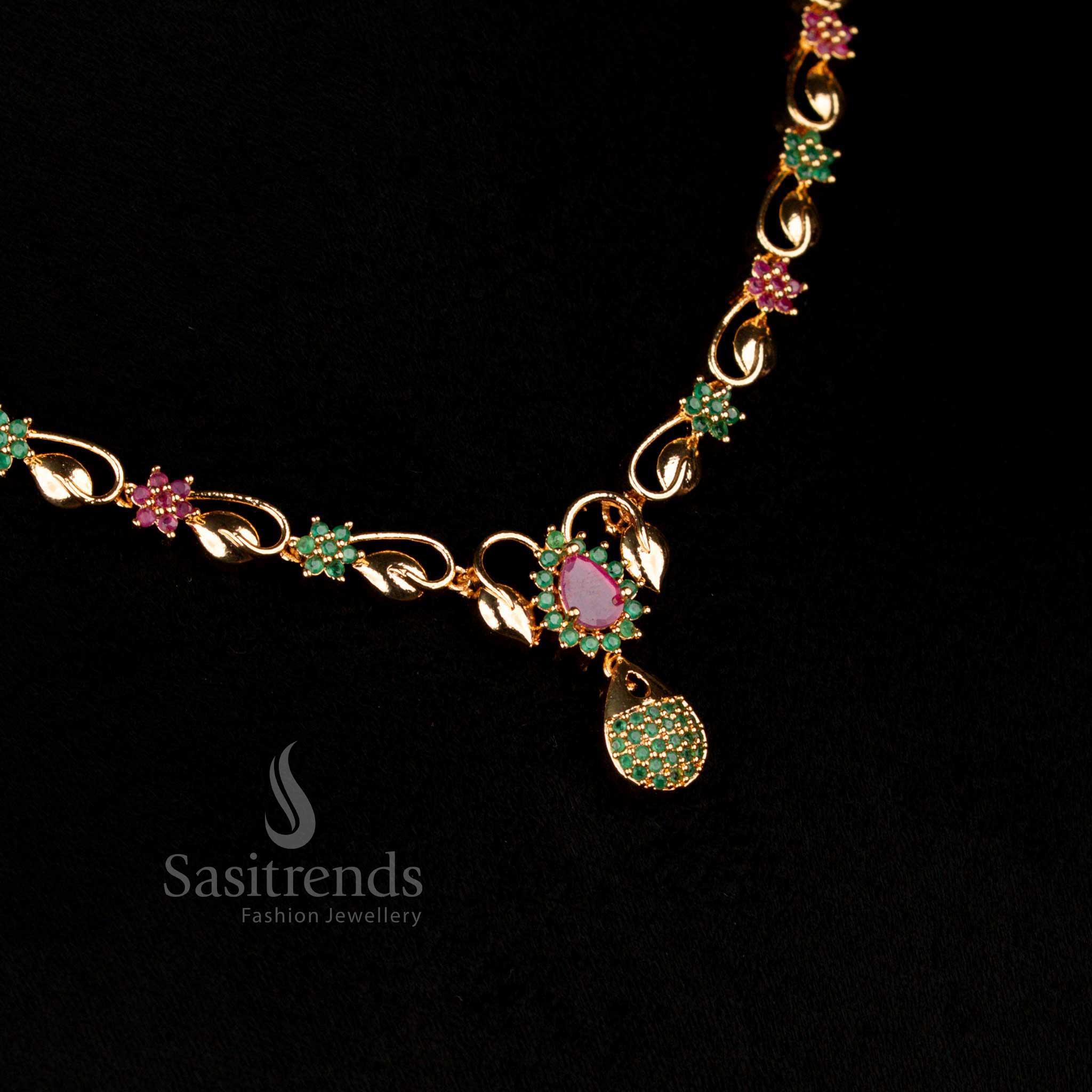 Traditional Micro Gold Plated American Diamond Teardrop Pendant Necklace Jewellery Set - Image 5