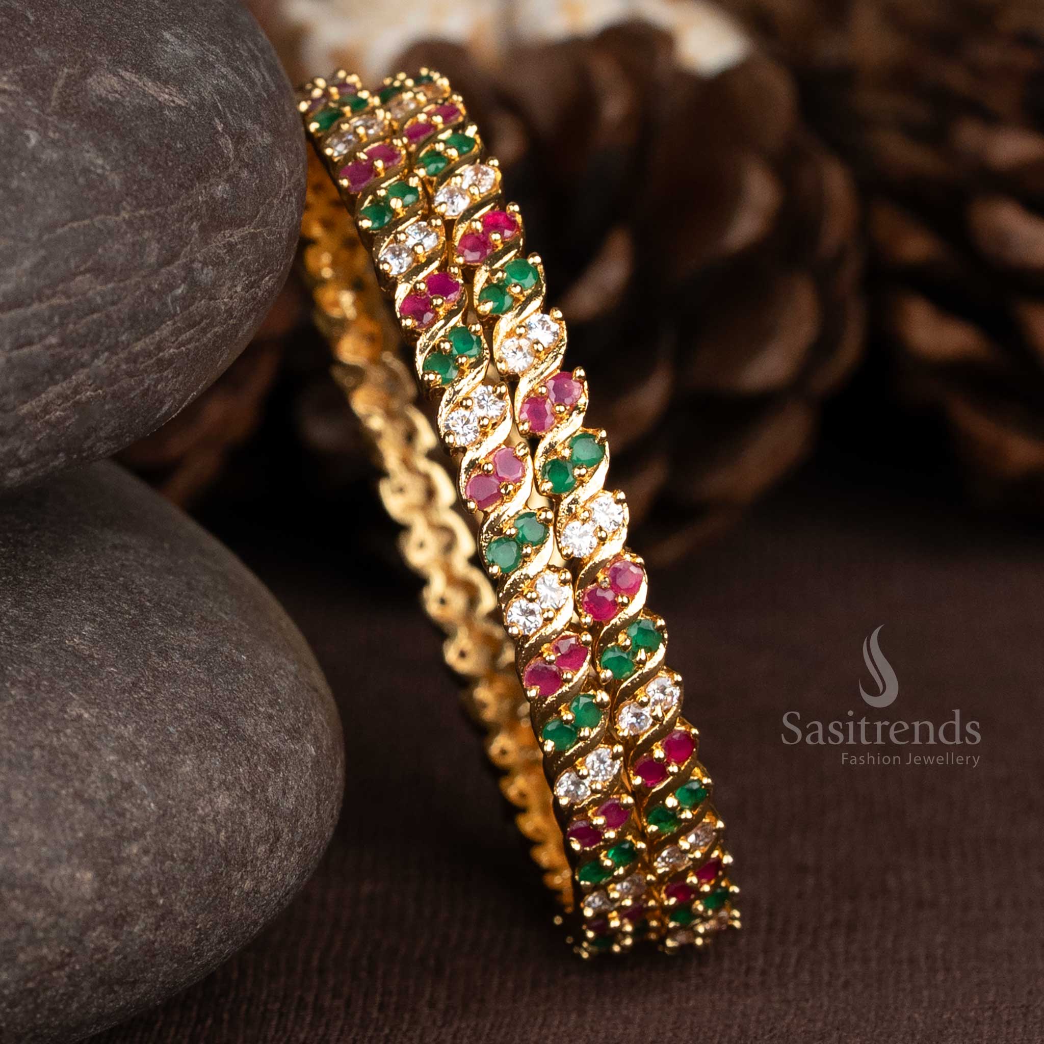 Guaranteed One Gram Micro Gold Plated Spiral Two Line American Diamond Bangles - Sasitrends - Image 5