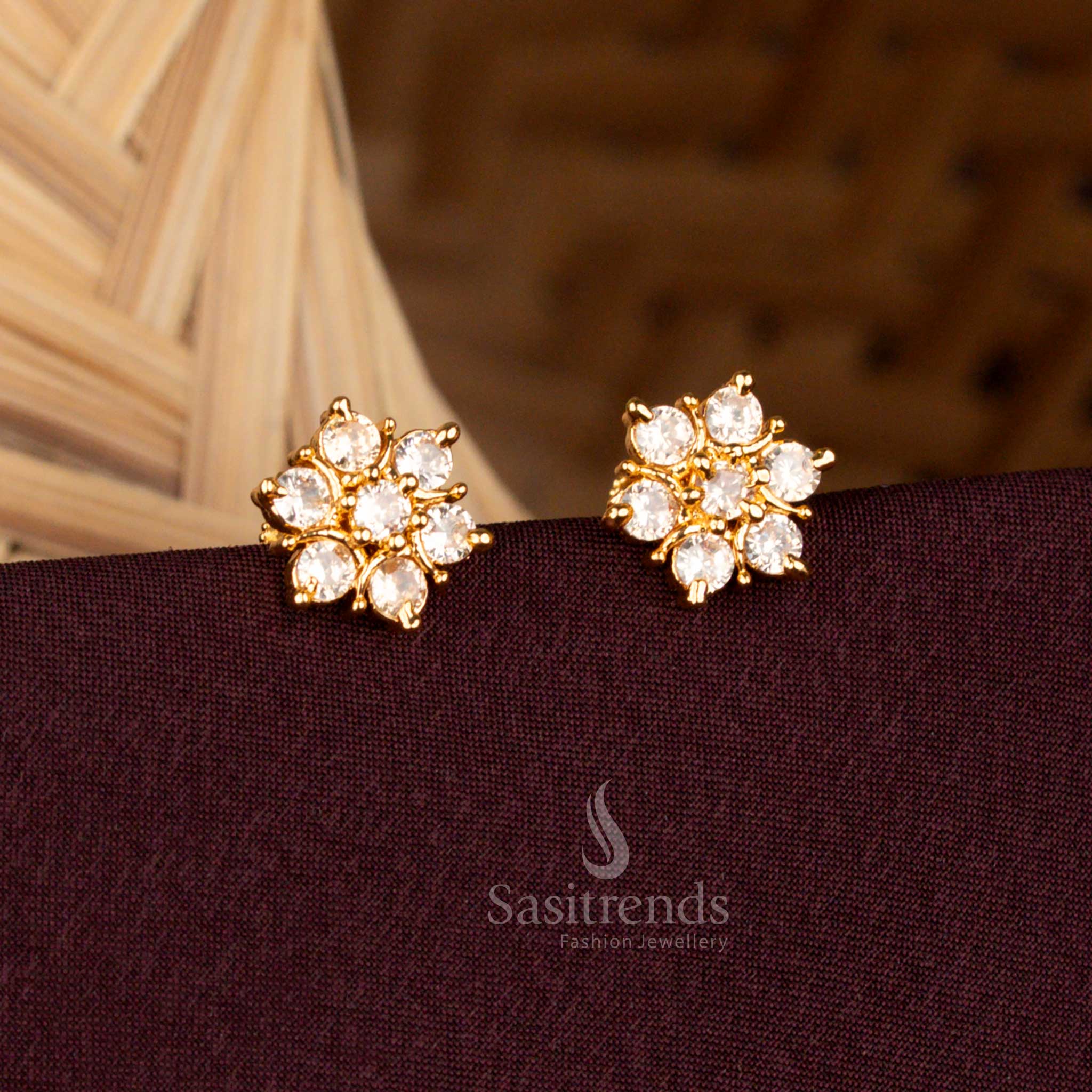 Guaranteed Micro Gold Plated Screw Type AD Flower Stud Earrings | Traditional Wear - Image 2