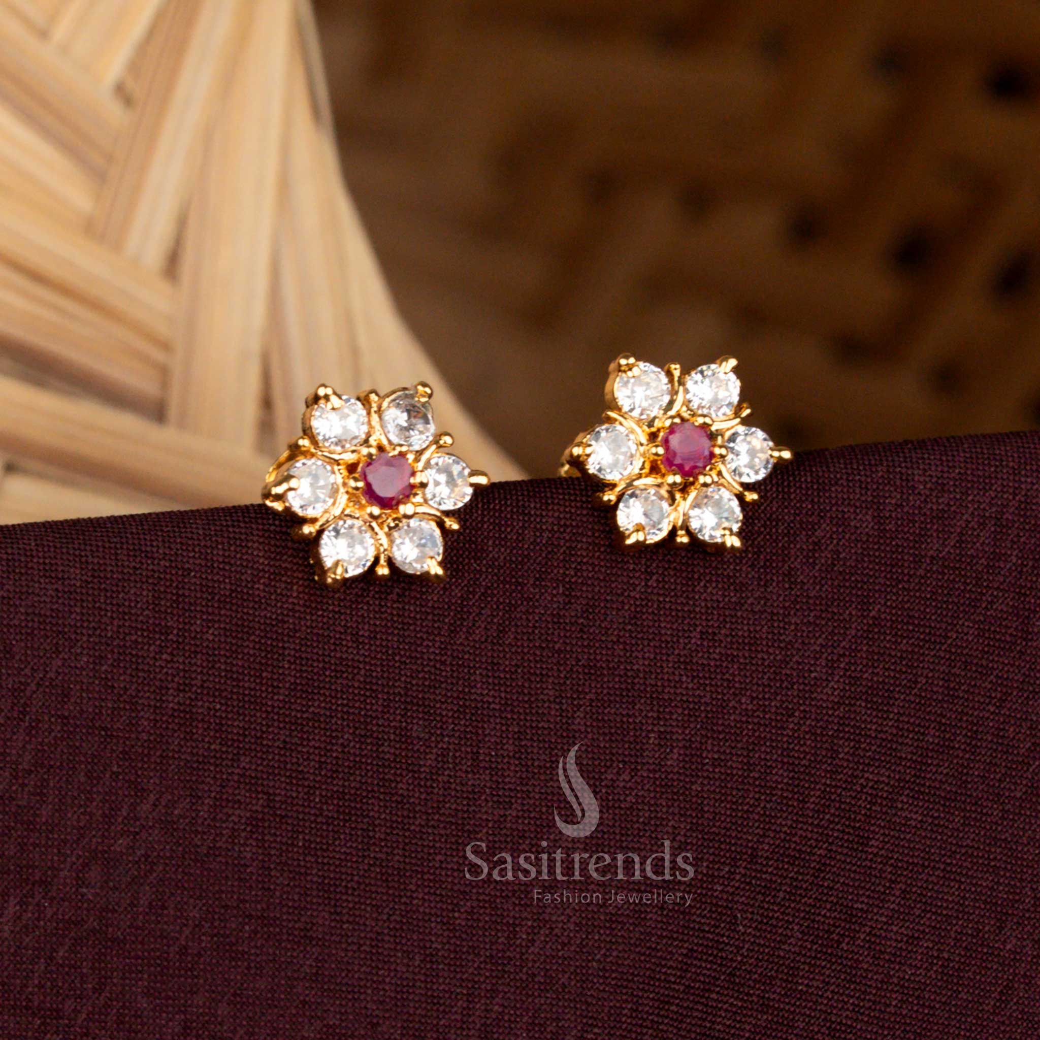 Guaranteed Micro Gold Plated Screw Type AD Flower Stud Earrings | Traditional Wear - Image 6