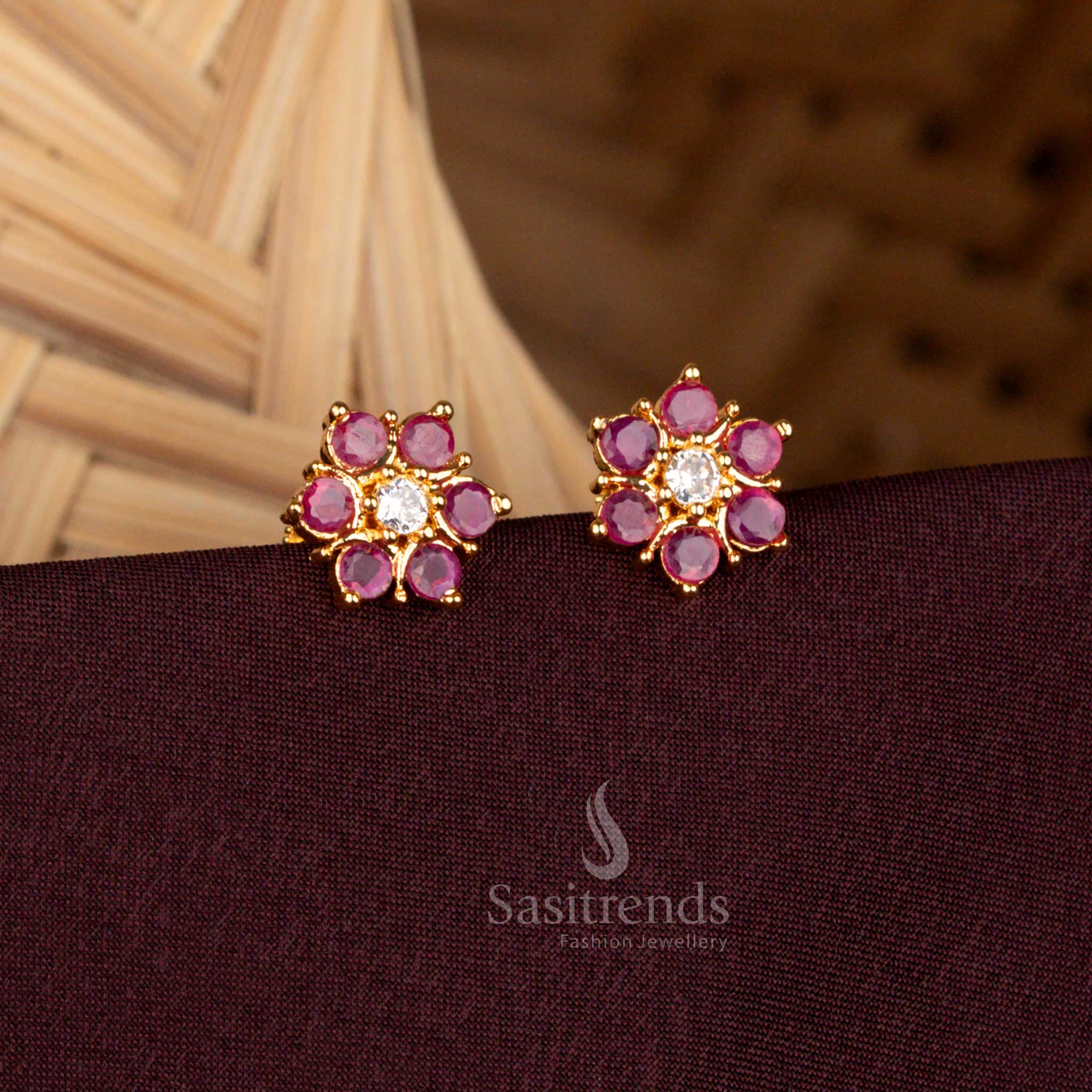 Guaranteed Micro Gold Plated Screw Type AD Flower Stud Earrings | Traditional Wear - Image 7