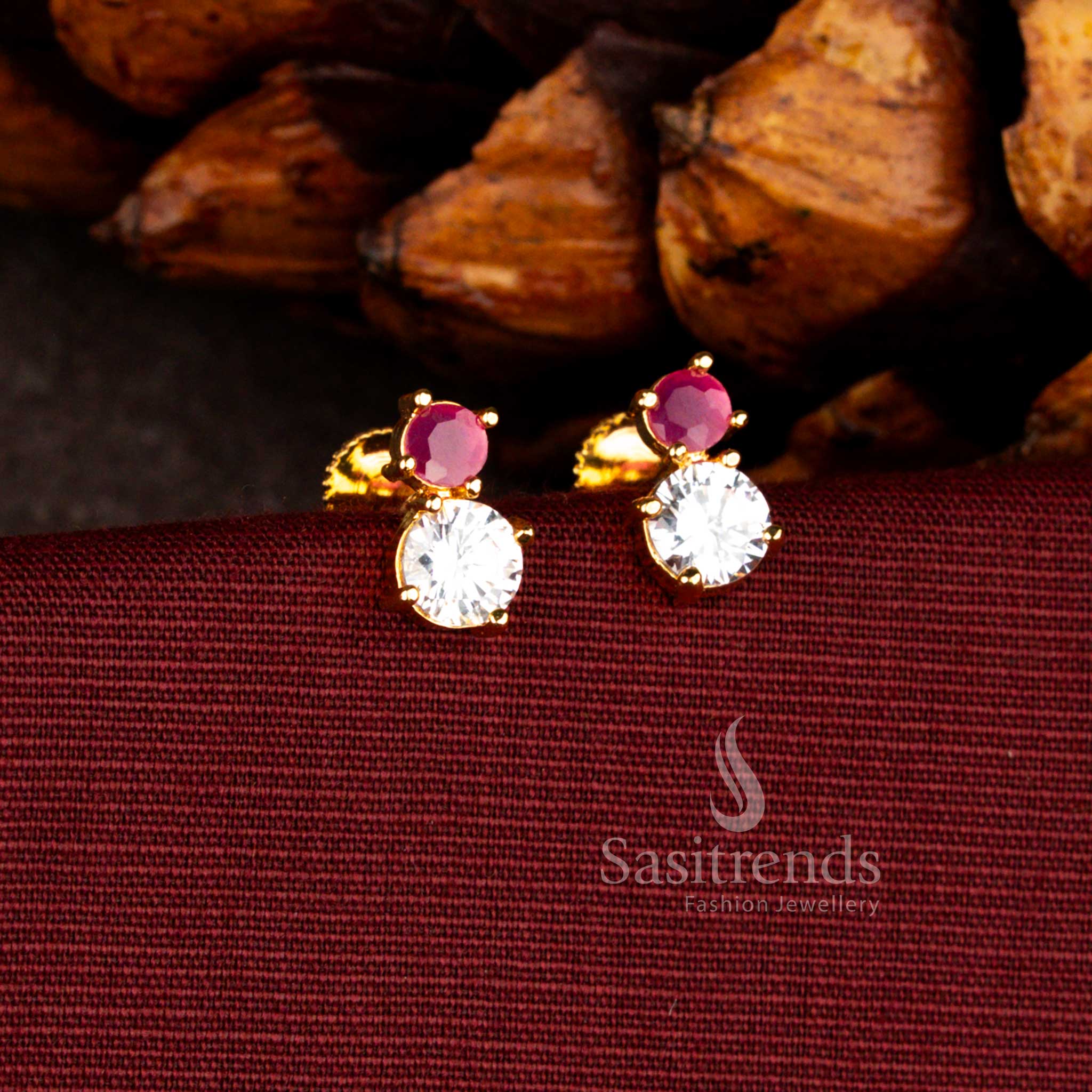 Guaranteed Micro Gold Plated Pearl Pavalam Dual Stone Stud Screw Type Earrings - Image 5