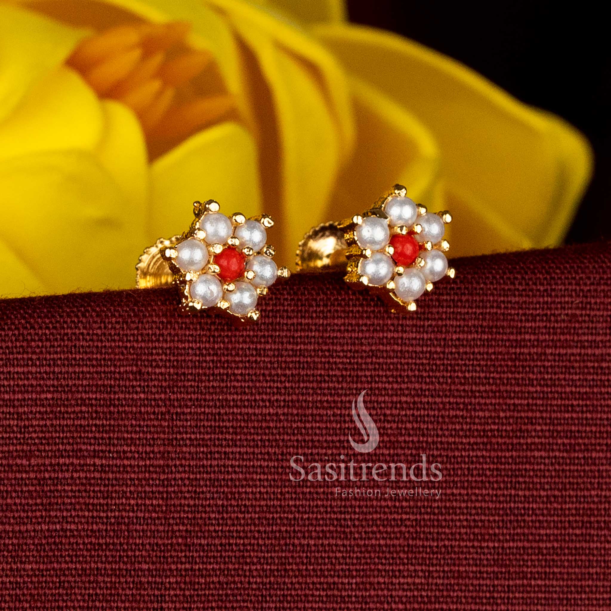 Traditional One Gram Micro Gold Plated Pearl Pavalam Floral Stud Screw Type Earrings - Image 4