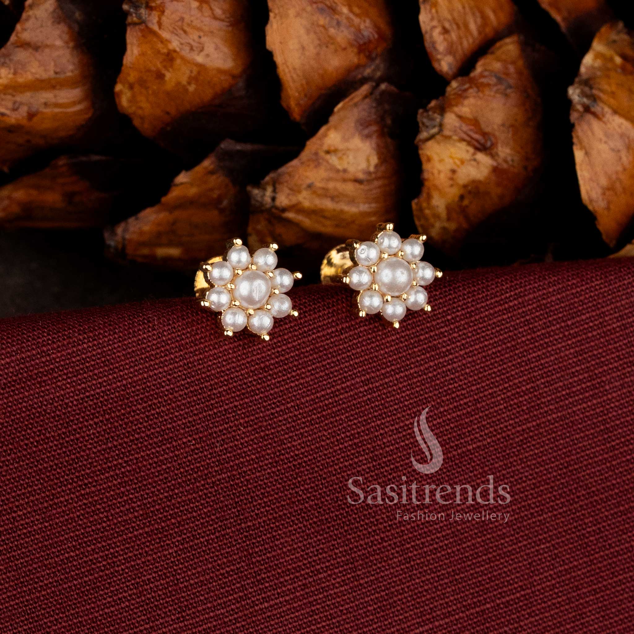 Guaranteed Micro Gold Plated Pearl Pavalam Round Floral Stud Screw Type Earrings - Image 4