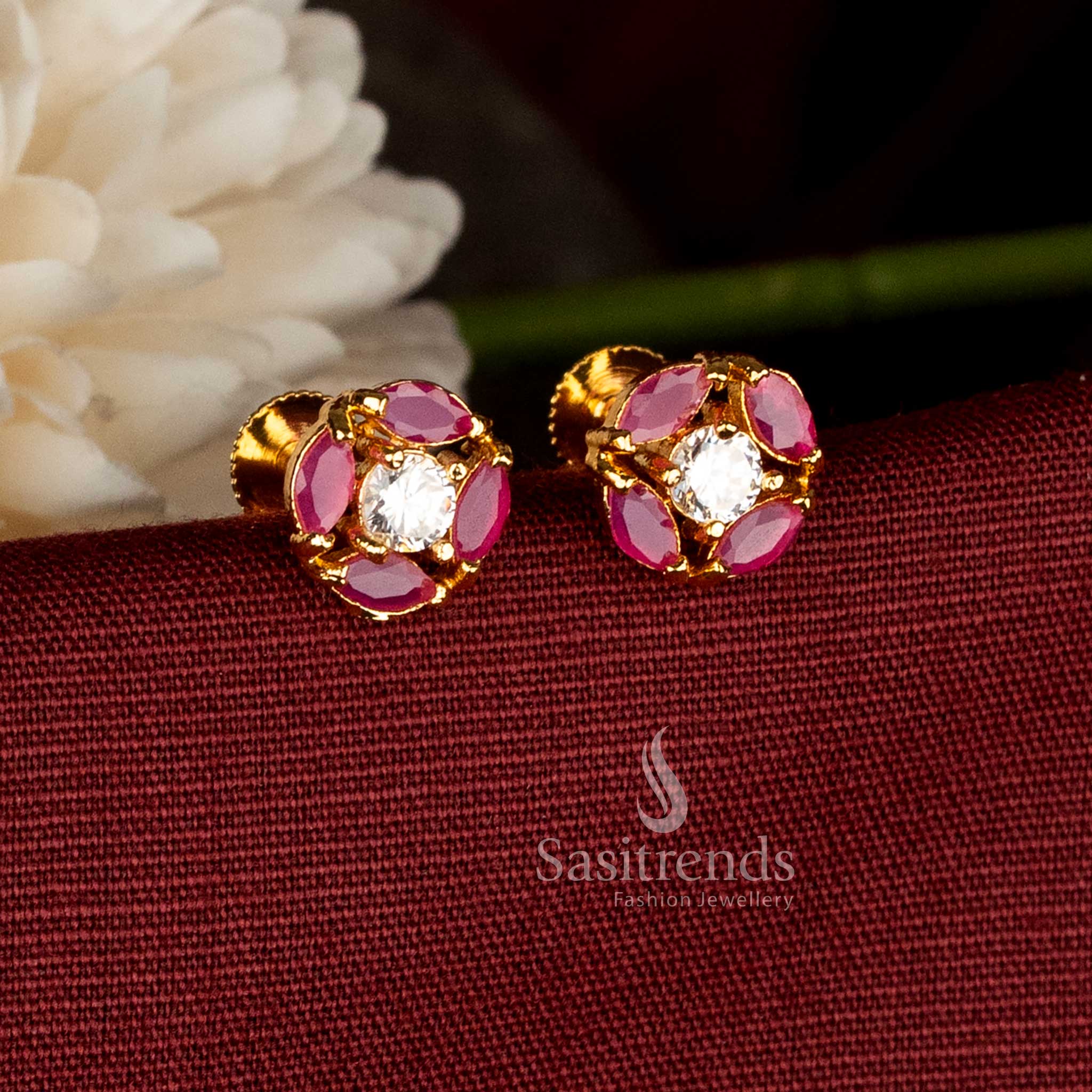 Real Gold Look Micro Gold Plated Pearl Pavalam Hexa Floral Screw Type Stud Earrings