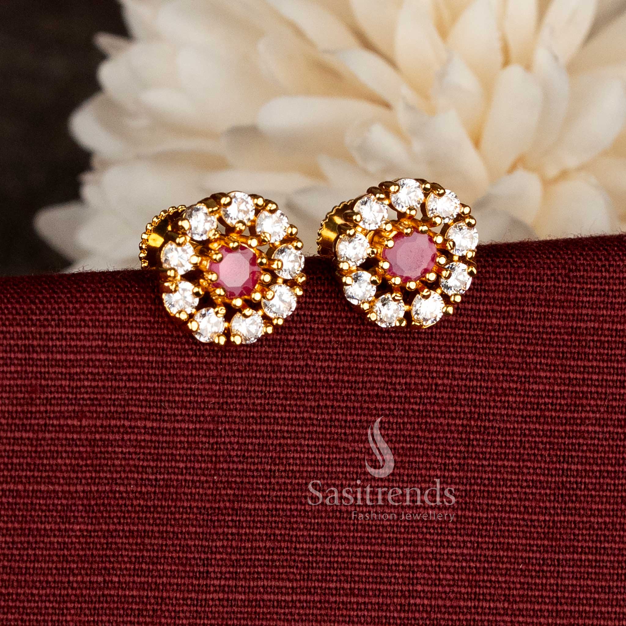 Handmade Micro Gold Plated Pearl Pavalam Round Cluster Screw Type AD Stud Earrings - Image 5