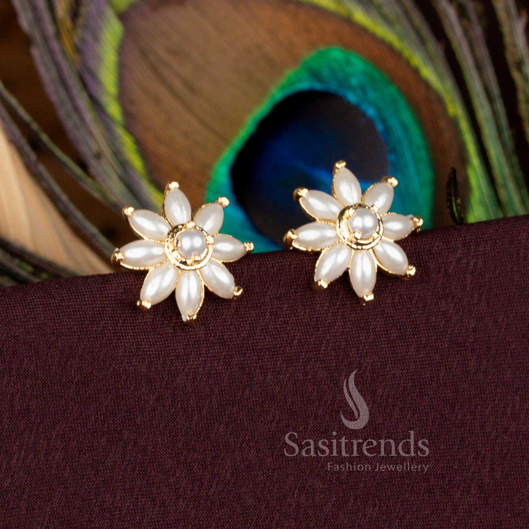 Guaranteed Micro Gold Plated Pearl Pavalam Eight Petal Floral Screw Type Stud Earrings - Image 2