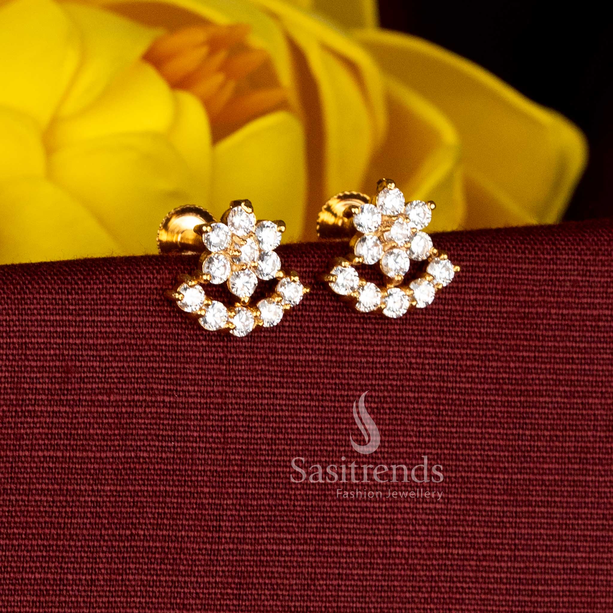 One Gram Micro Gold Plated Pearl Pavalam Floral Half-Moon Screw Type Stud Earrings - Image 3
