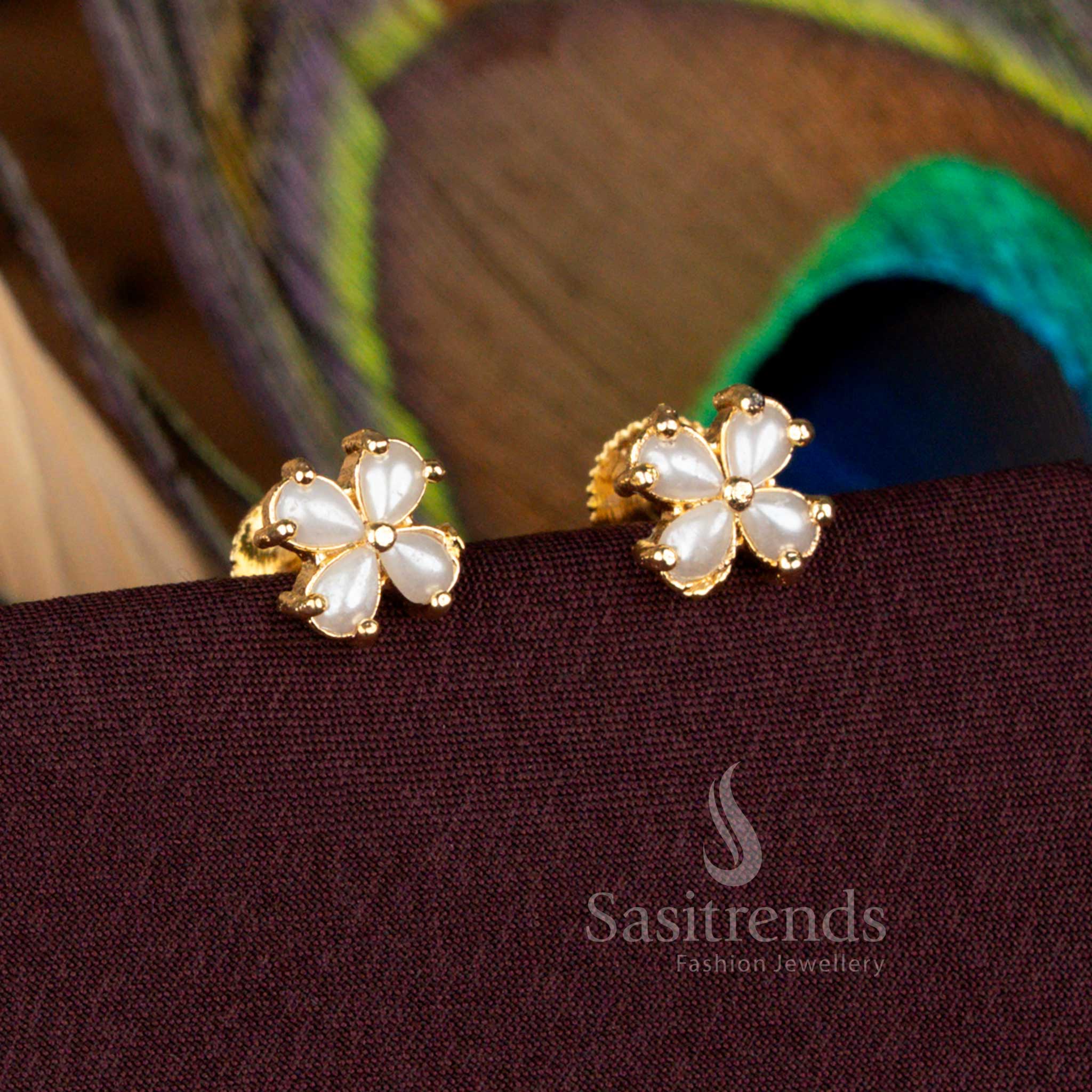 Handmade One Gram Micro Gold Plated Pearl Pavalam Four Petal Floral Screw Type Stud Earrings