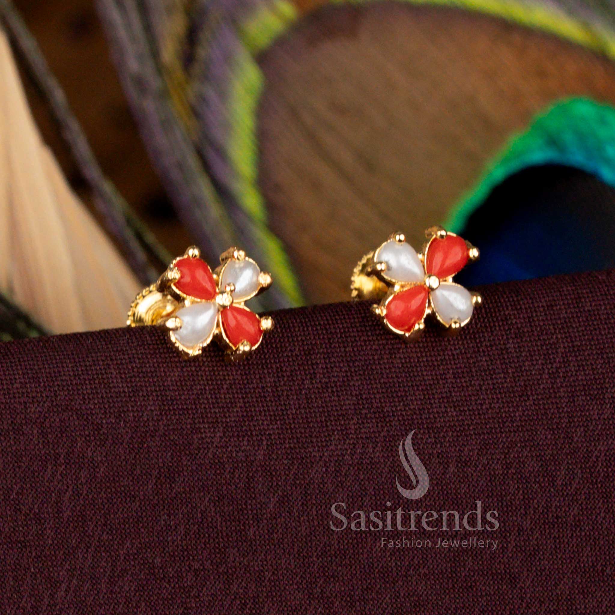 Handmade One Gram Micro Gold Plated Pearl Pavalam Four Petal Floral Screw Type Stud Earrings - Image 2