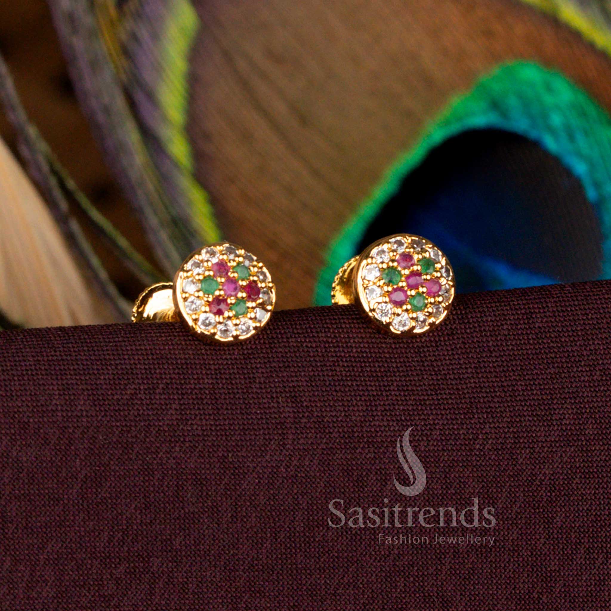 Traditional Wear One Gram Micro Gold Plated AD Stone Round Floral Screw Type Stud Earrings - Image 2