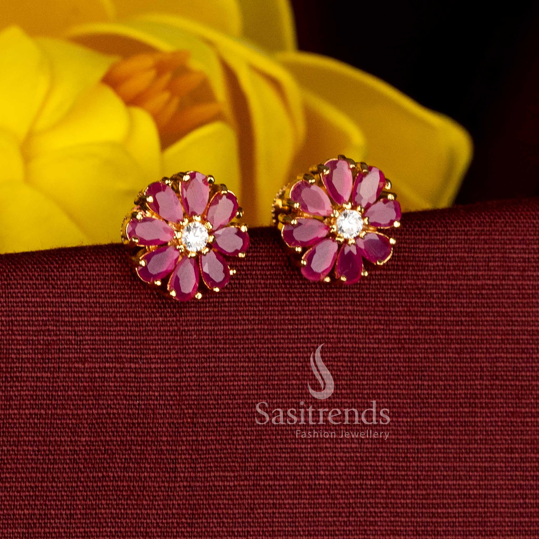 Beautifully Crafted 24K Micro Gold Plated Layered Floral AD Stone Stud Earrings with Sculpted Petal Design and Pearl Center | Festive wear - Image 2
