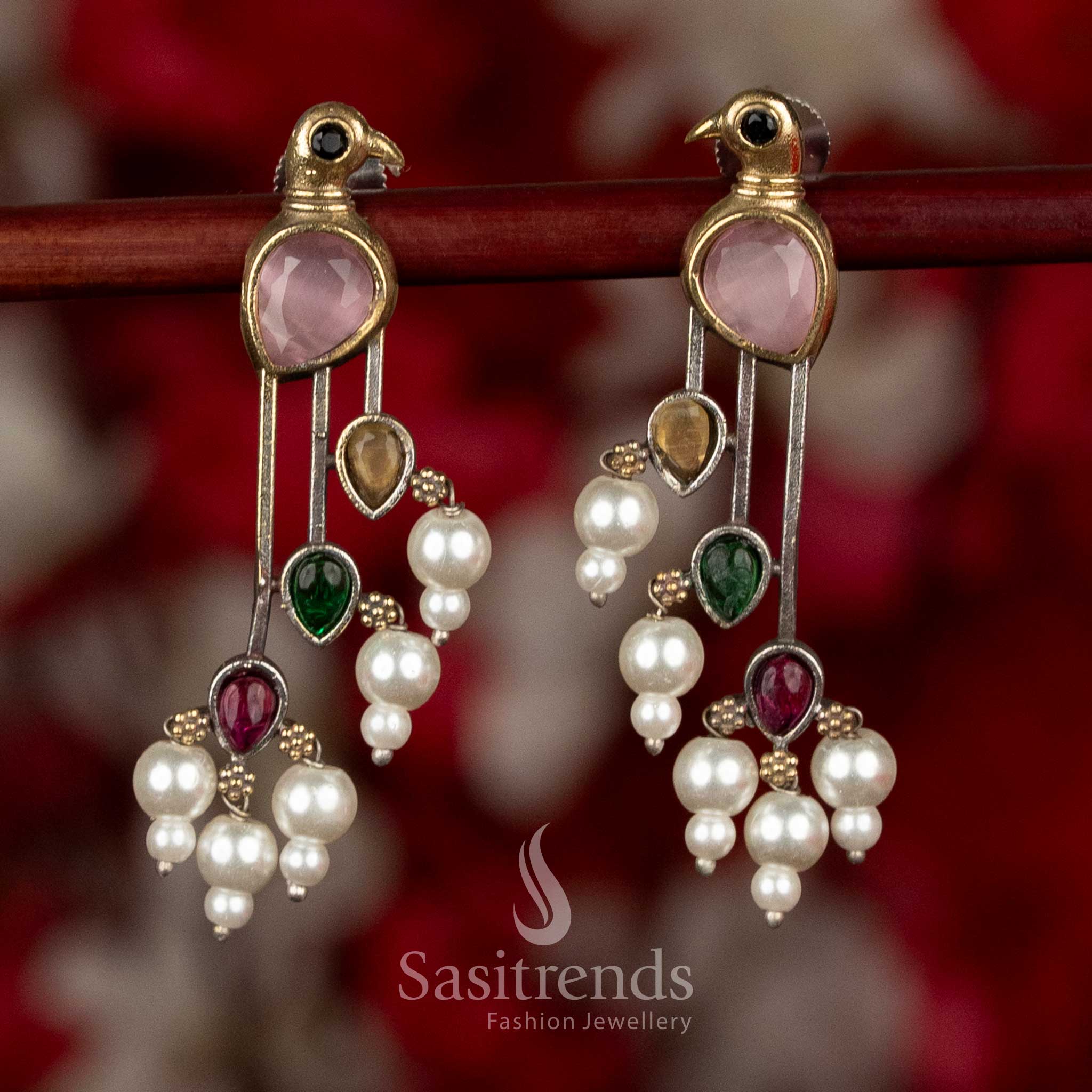 Exquisite Dual Tone 92.5 Oxidised Silver Plated Parrot Motif Stone & Pearl Long Drop Earrings | Ethnic & Modern Saree Wear - Image 2