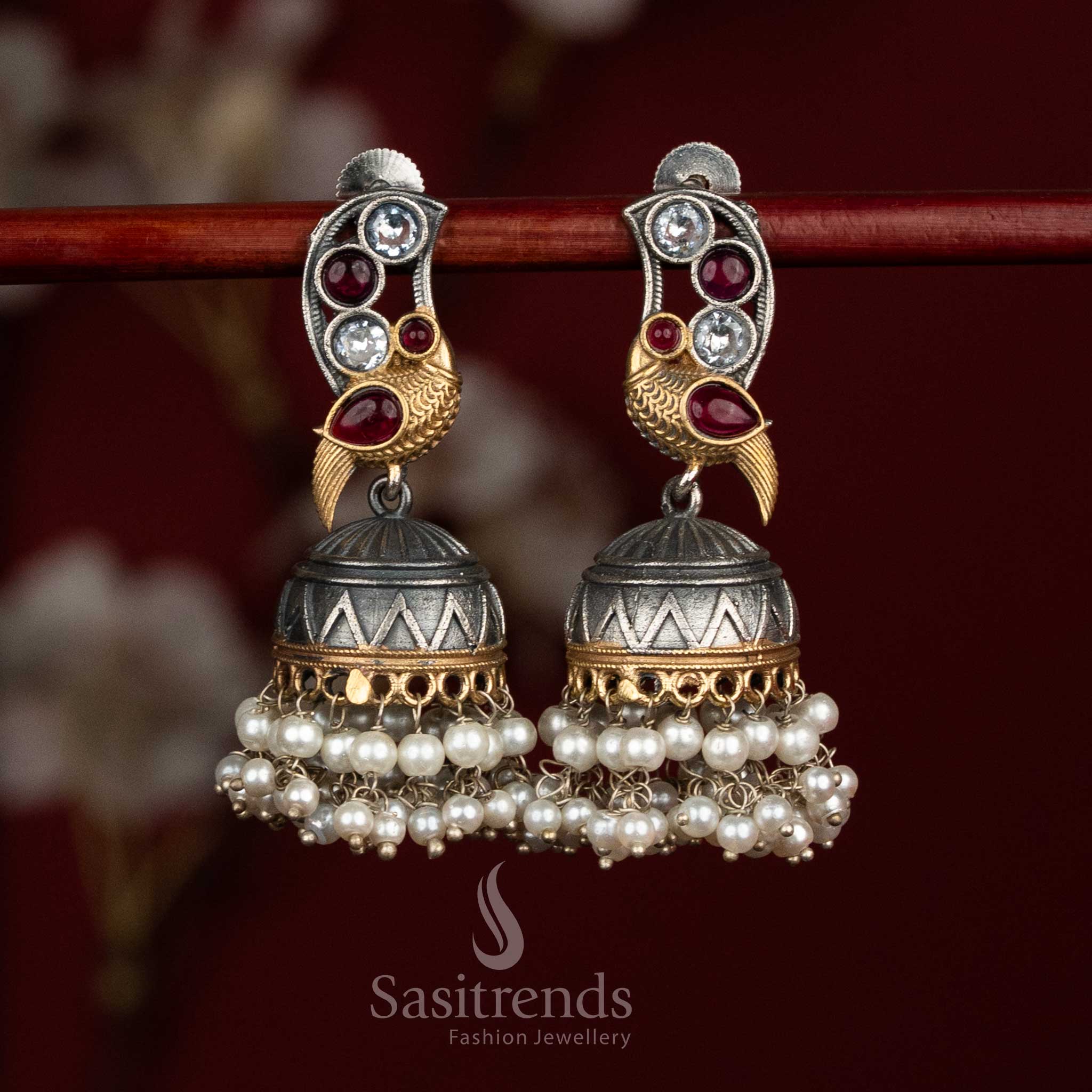 Elegant Antique 92.5 Oxidised Silver Plated Dual Tone Peacock Motif Monalisa Stone Jhumka Earrings with Pearl Hangings | Party & Ethnic Wear - Image 3