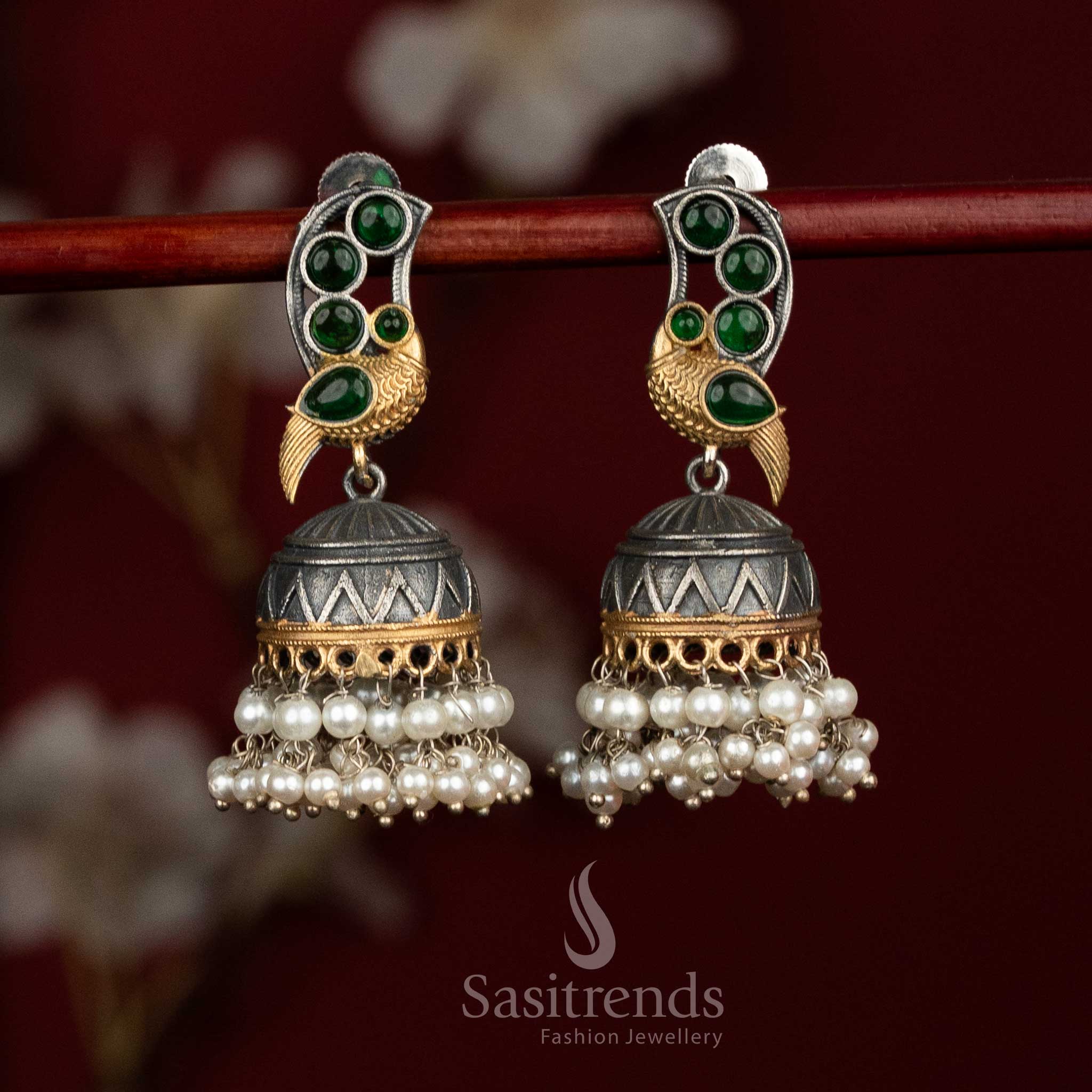 Elegant Antique 92.5 Oxidised Silver Plated Dual Tone Peacock Motif Monalisa Stone Jhumka Earrings with Pearl Hangings | Party & Ethnic Wear - Image 5