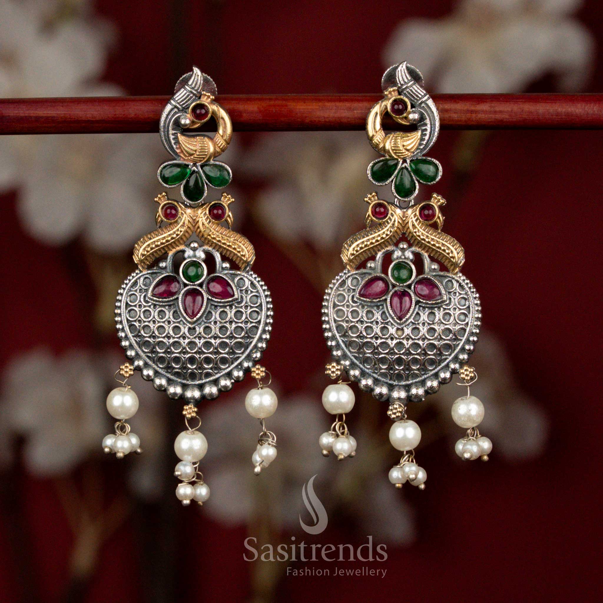 Heritage Antique 92.5 Oxidised Silver Plated Dual Tone Peacock Motif Heart Design Monalisa Stone Earrings with Pearl Hangings - Image 3