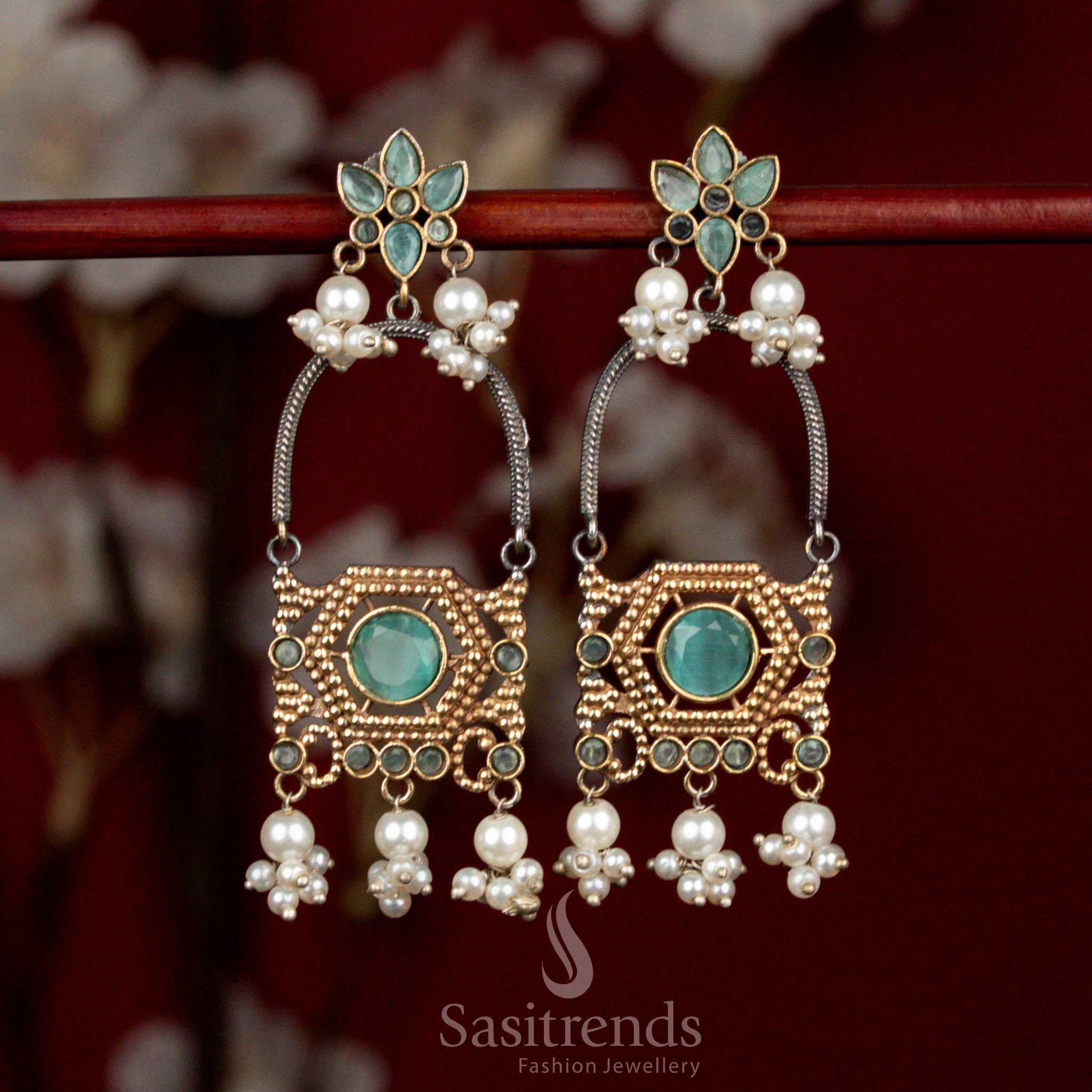 Antique 92.5 Dual Tone Oxidised Silver Plated Floral Arch Design Monalisa Stone Earrings with Pearl Cluster Hangings | Party Wear - Image 3