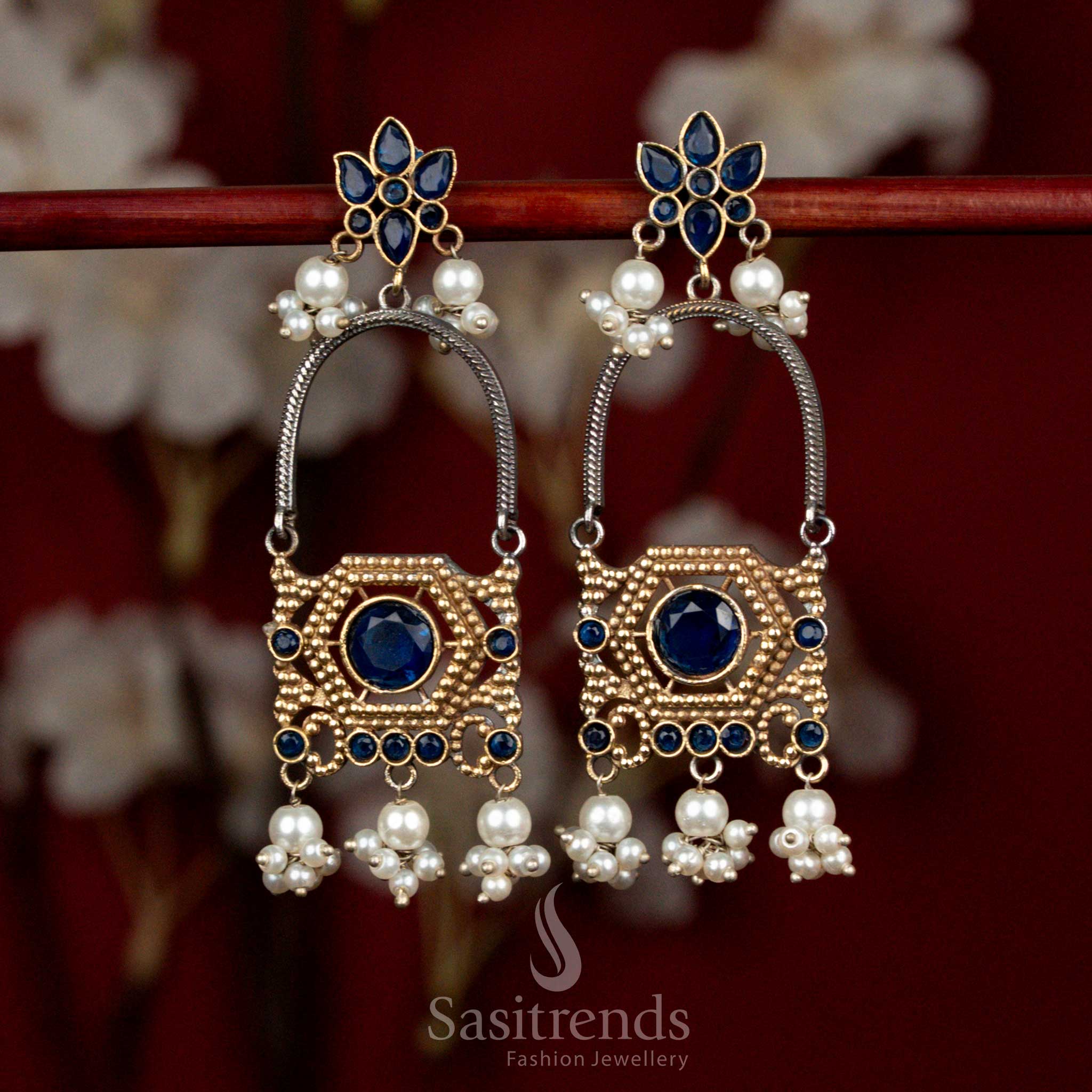 Antique 92.5 Dual Tone Oxidised Silver Plated Floral Arch Design Monalisa Stone Earrings with Pearl Cluster Hangings | Party Wear - Image 4