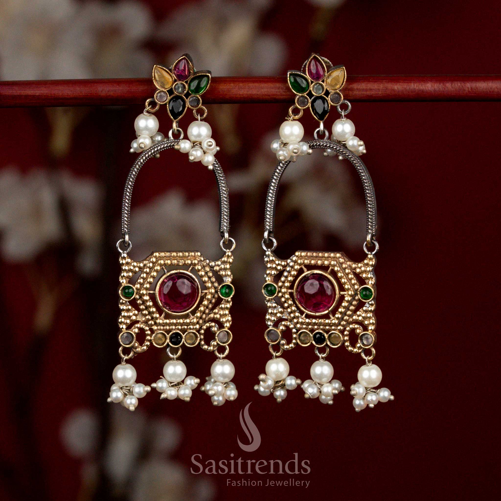 Antique 92.5 Dual Tone Oxidised Silver Plated Floral Arch Design Monalisa Stone Earrings with Pearl Cluster Hangings | Party Wear - Image 5
