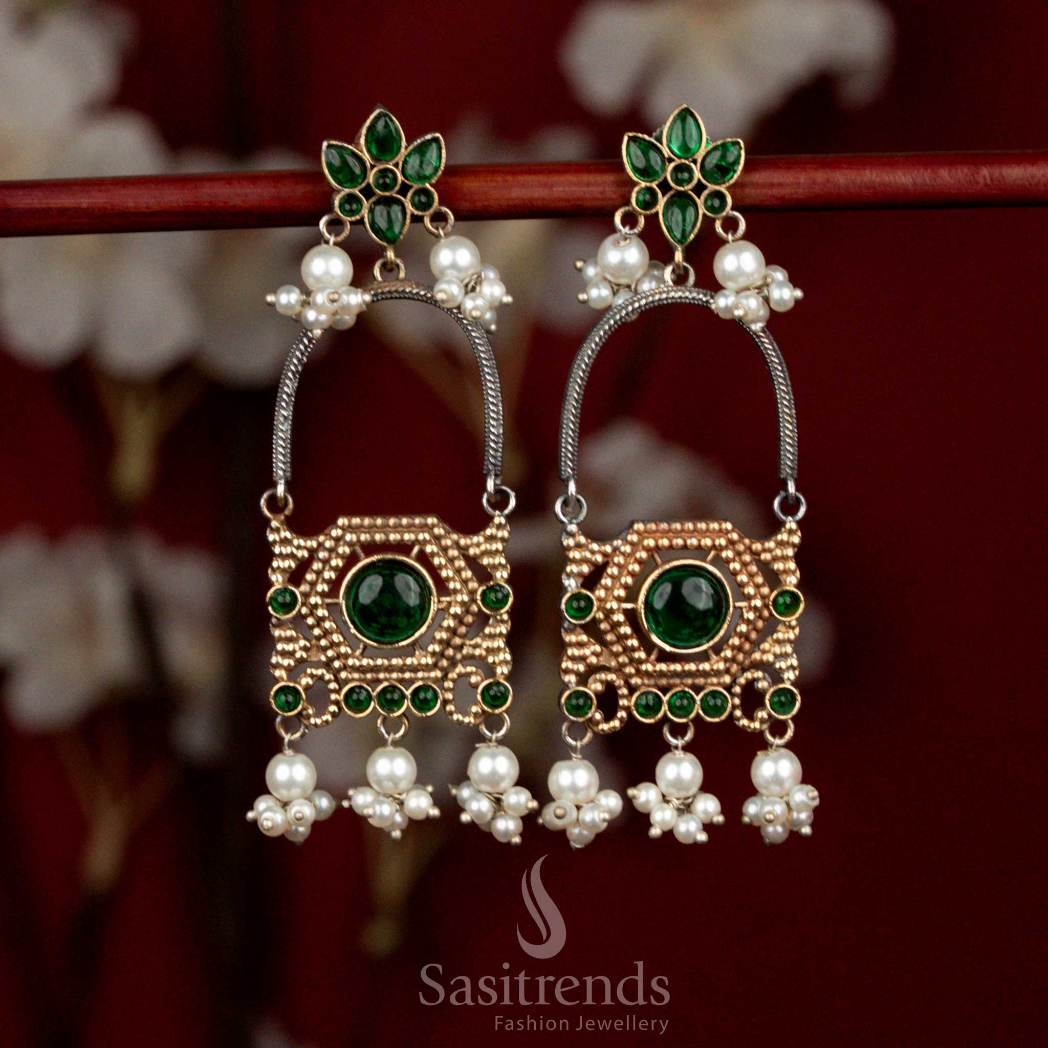 Antique 92.5 Dual Tone Oxidised Silver Plated Floral Arch Design Monalisa Stone Earrings with Pearl Cluster Hangings | Party Wear - Image 6